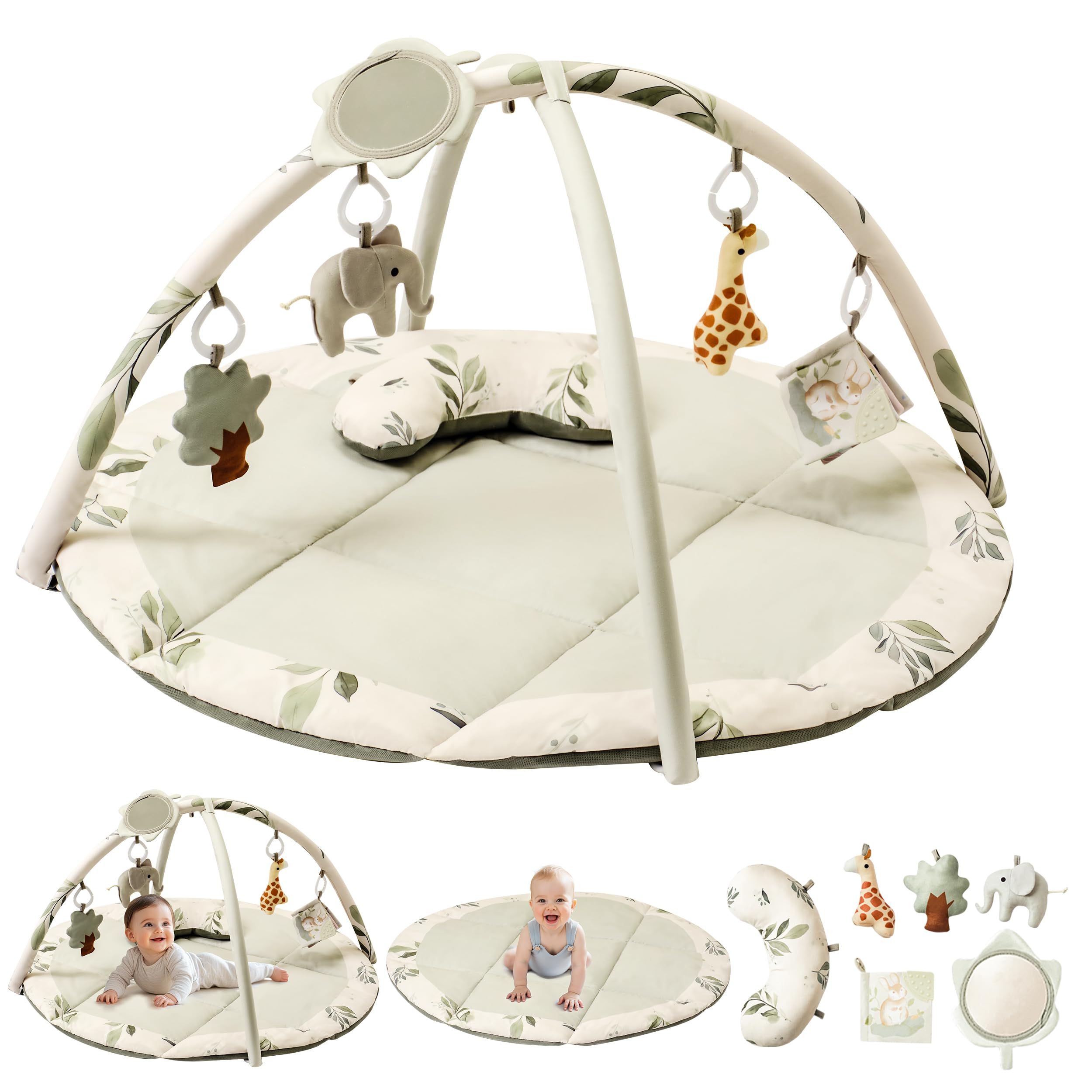 Baby Play Gym & Activity Mat, Tummy Time Mat w 5 Detachable Toys and Pillow