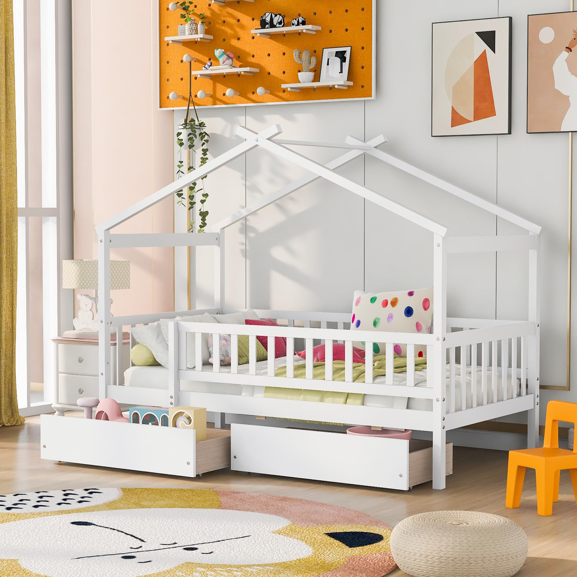Twin House Bed with Storage Drawers for Kids