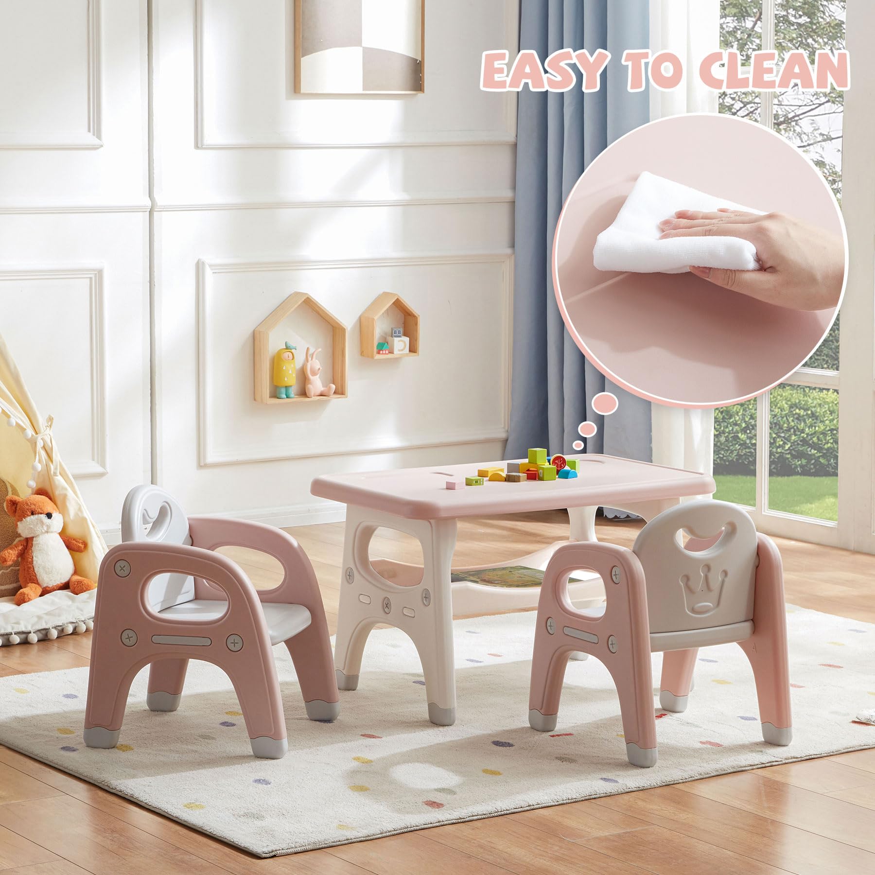 Kids Table and 2 Chairs Set, Large Built-in Storage, Montessori Toddlers