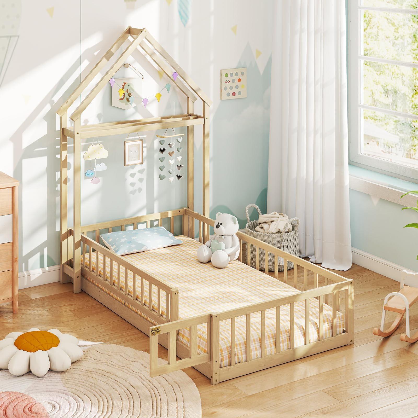 Twin House Floor Bed with Safety Rails and Clothes Hanger