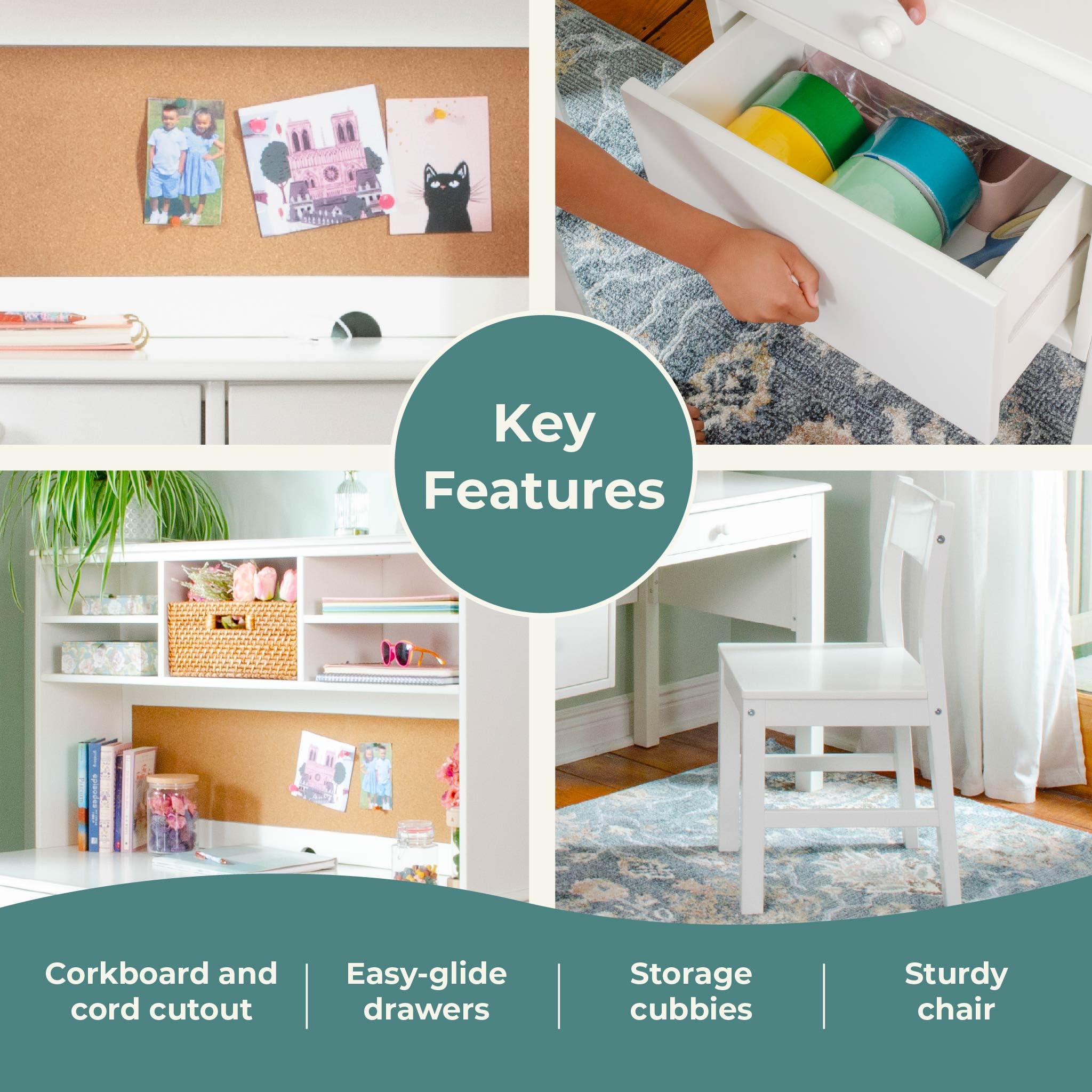 Kids Desk and Chair Set with Hutch White Wood Storage