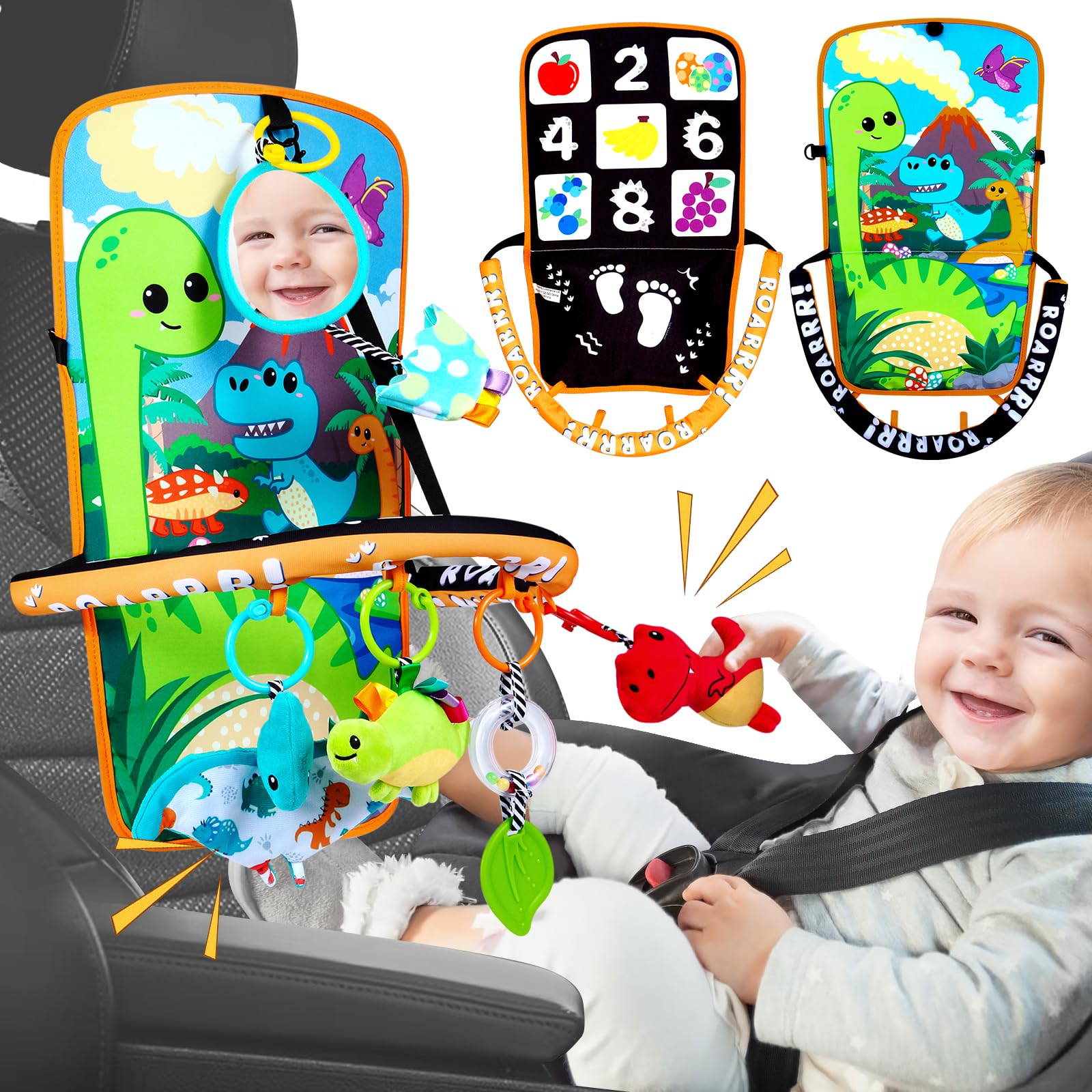 Baby Car Seat Dinosaurs Toys - Kick and Play Double Sided Infant Car Seat Toys