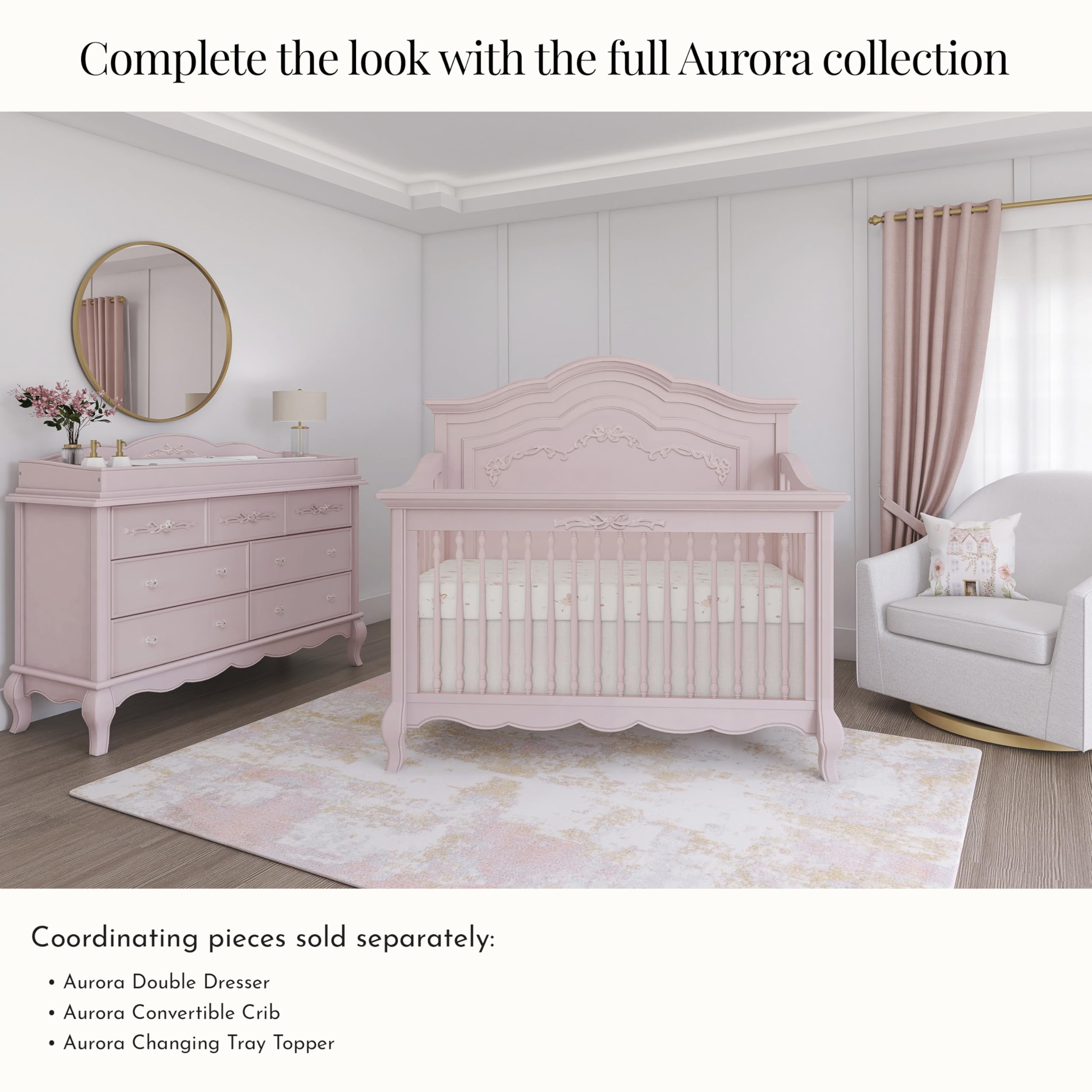 Aurora 5-in-1 Convertible Crib with Ribbon Bow Scrollwork