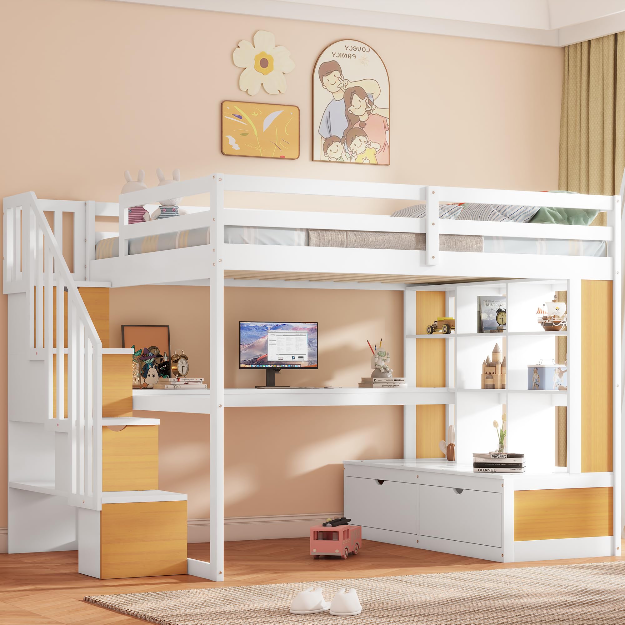 Merax Full Size Wood Loft Bed Frame with 2 Built-in Drawers,Desk,Shelves and Storage Staircase for Bedroom