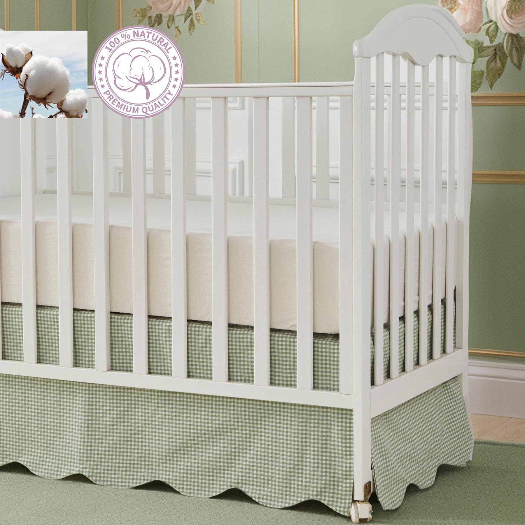 Brandream Scallop Edge Cotton Crib Skirt, Baby Boy, Baby Girl, Gender Neutral Crib Skirt Toddler Bedskirt Farmhouse Chic Nursery Crib Bed Skirt, Boho Bohemian Solid Green Gingham