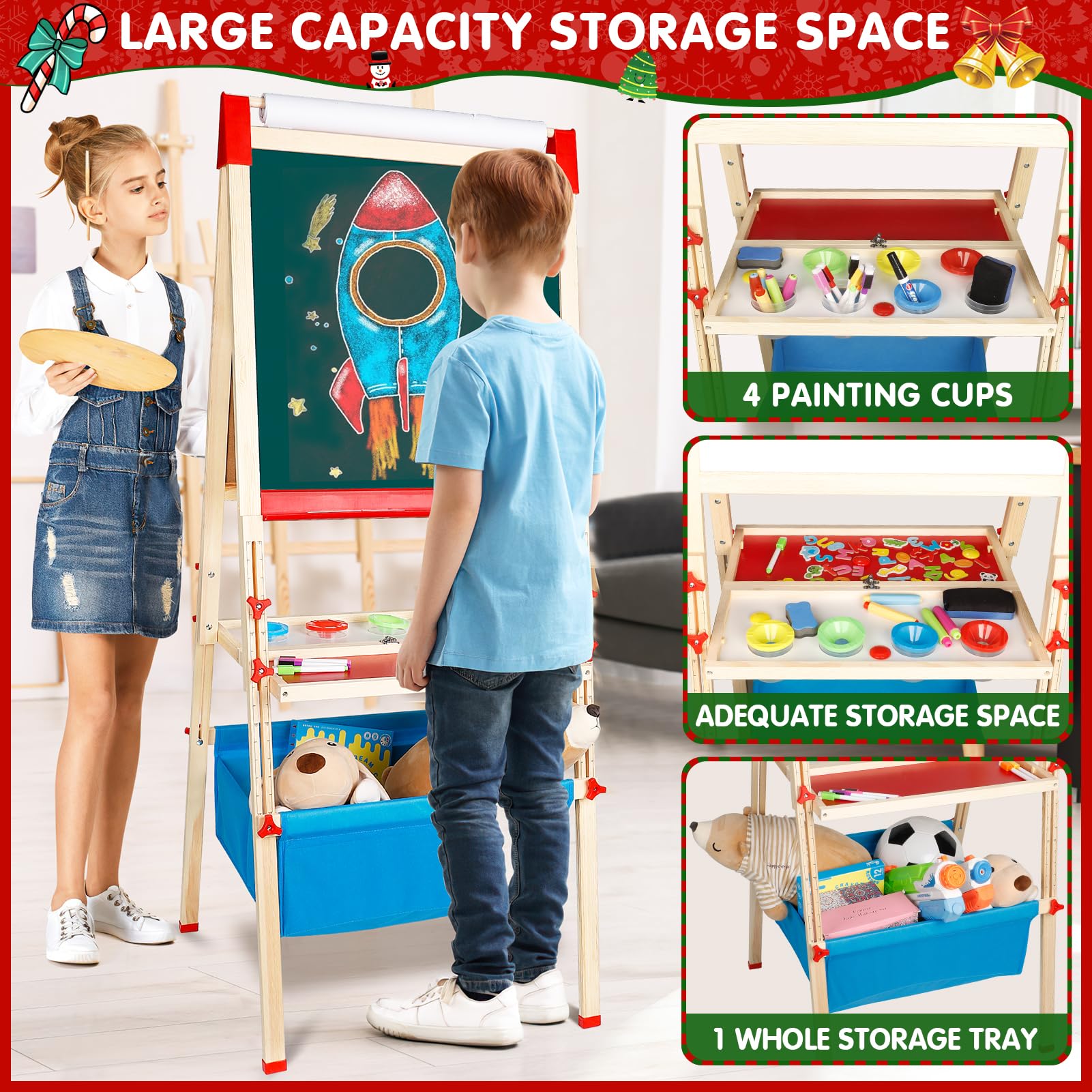 Adjustable Wooden Easel for Kids – Foldable Art Easel with Paper Roll, Magnetic Double-Sided Whiteboard & Chalkboard, 130+ PCS Accessories, Ideal Gift for Toddlers & Children Ages 2-8