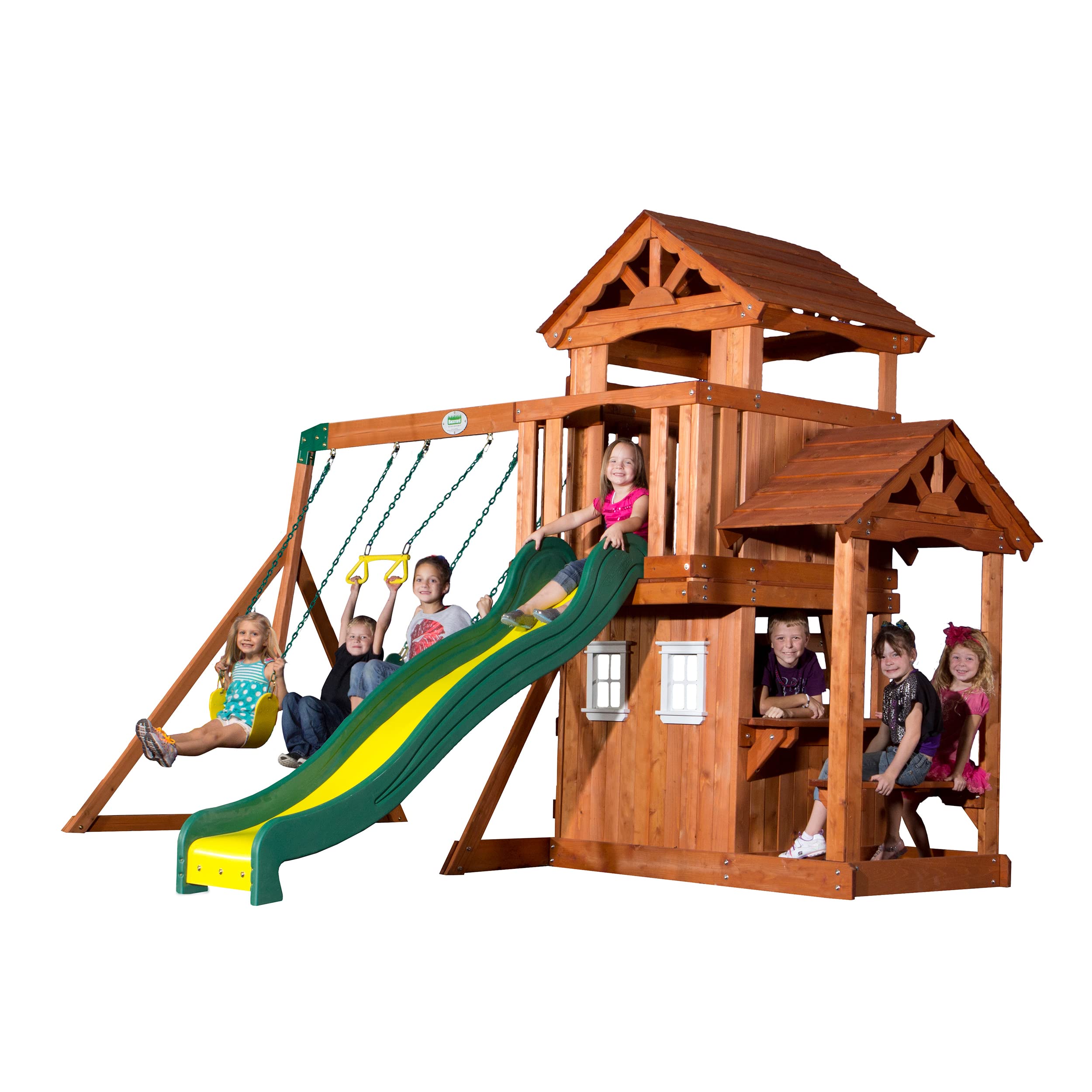 Cedar Wood Swing Set with Clubhouse and Wave Slide