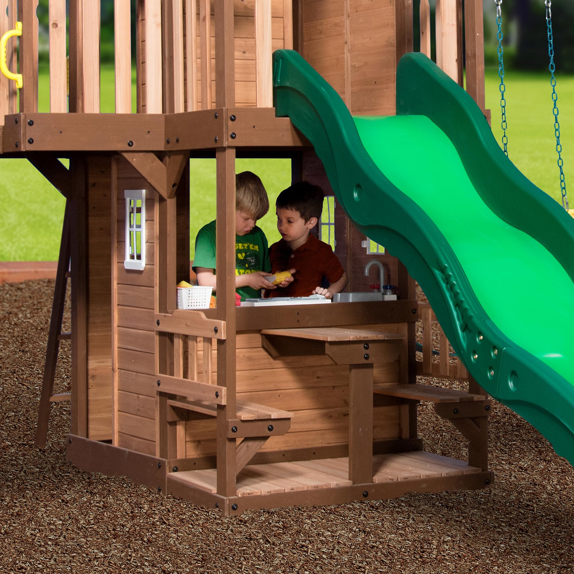 Cedar Wood Swing Set with Clubhouse and Wave Slide