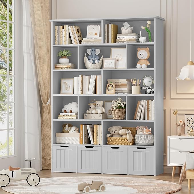 69" H Toy Storage Organizer, 6 Tier Tall Kids Bookshelf with 4 Movable Drawers