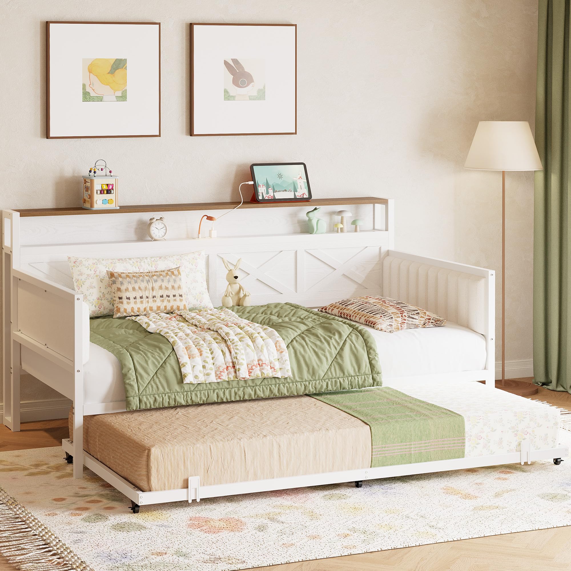 Daybed with Trundle, Sturdy Metal Twin Bed Frame /Walnut