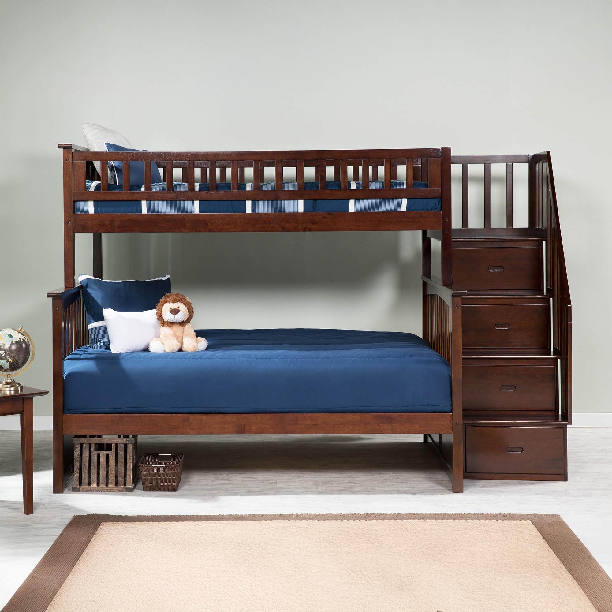 Columbia Twin Over Full Size Staircase Bunk Bed with Charging Station in Walnut