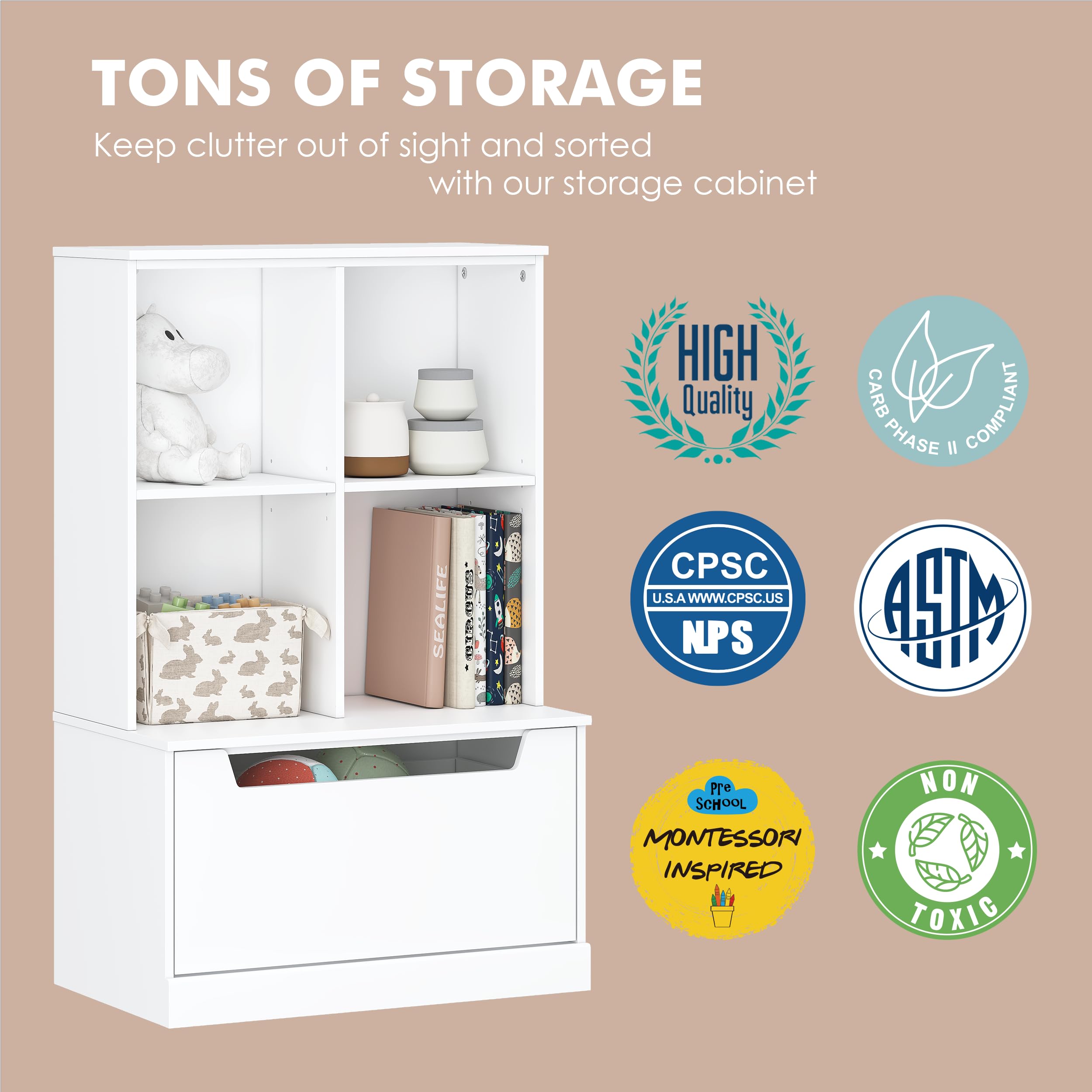 Kids Bookshelf and Toy Storage Organizer with Drawer