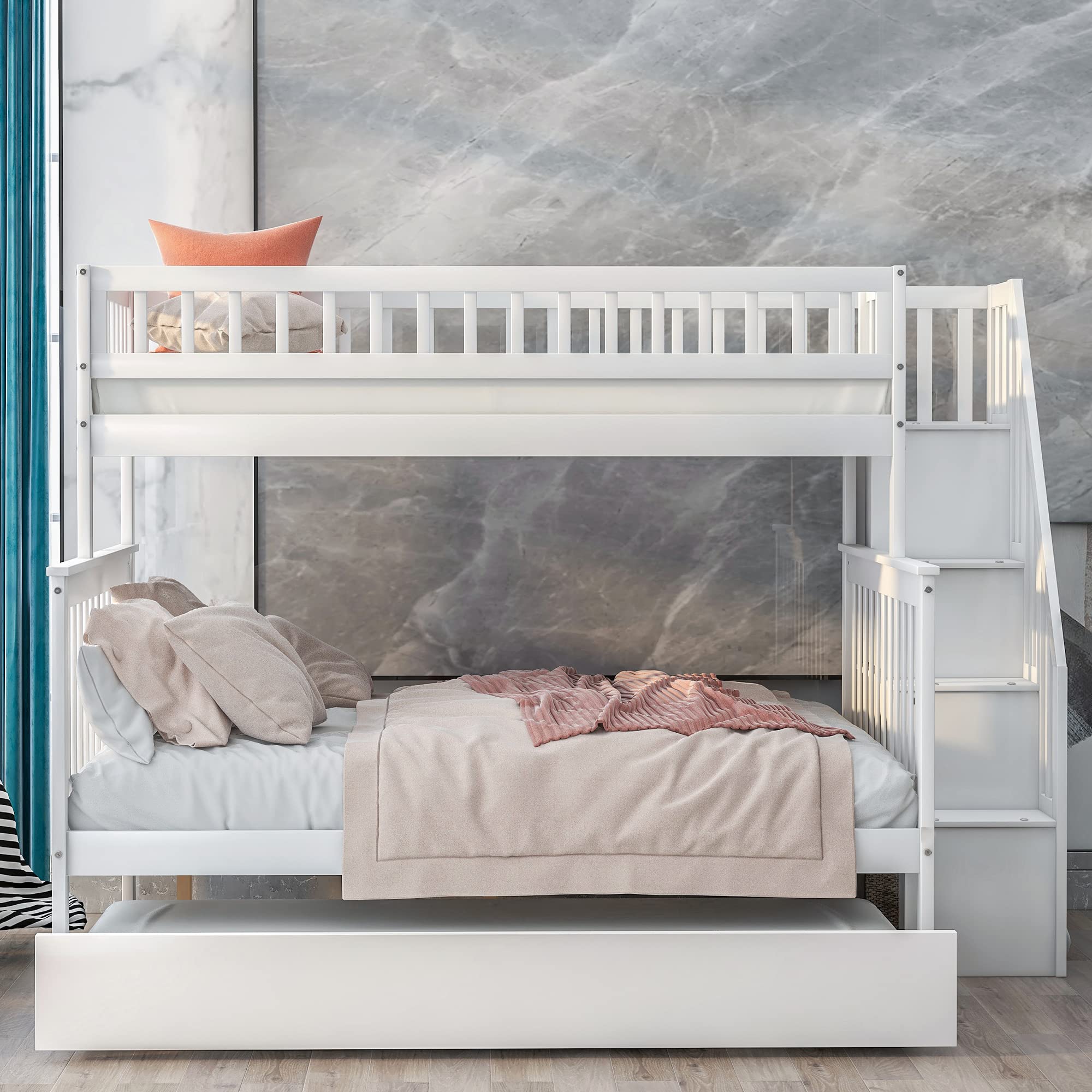 Twin Over Full Bunk Bed with Trundle and Staircase, Bedroom/Guest Room Furniture, Space-Saving Design,White