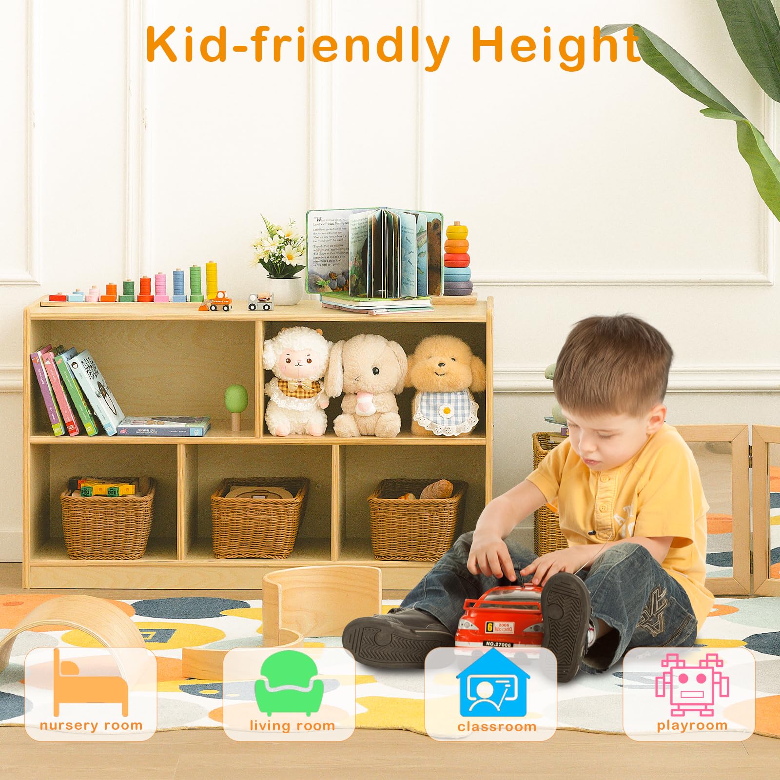 Wooden Montessori Bookshelf with Toy Storage Cubbies