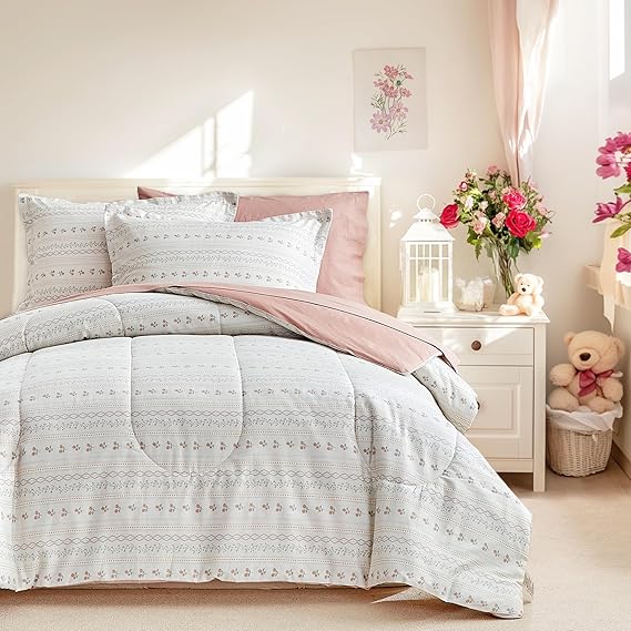 6pcs Cotton Comforter Sheet Set for Girls, Twin Size Bed in a Bag