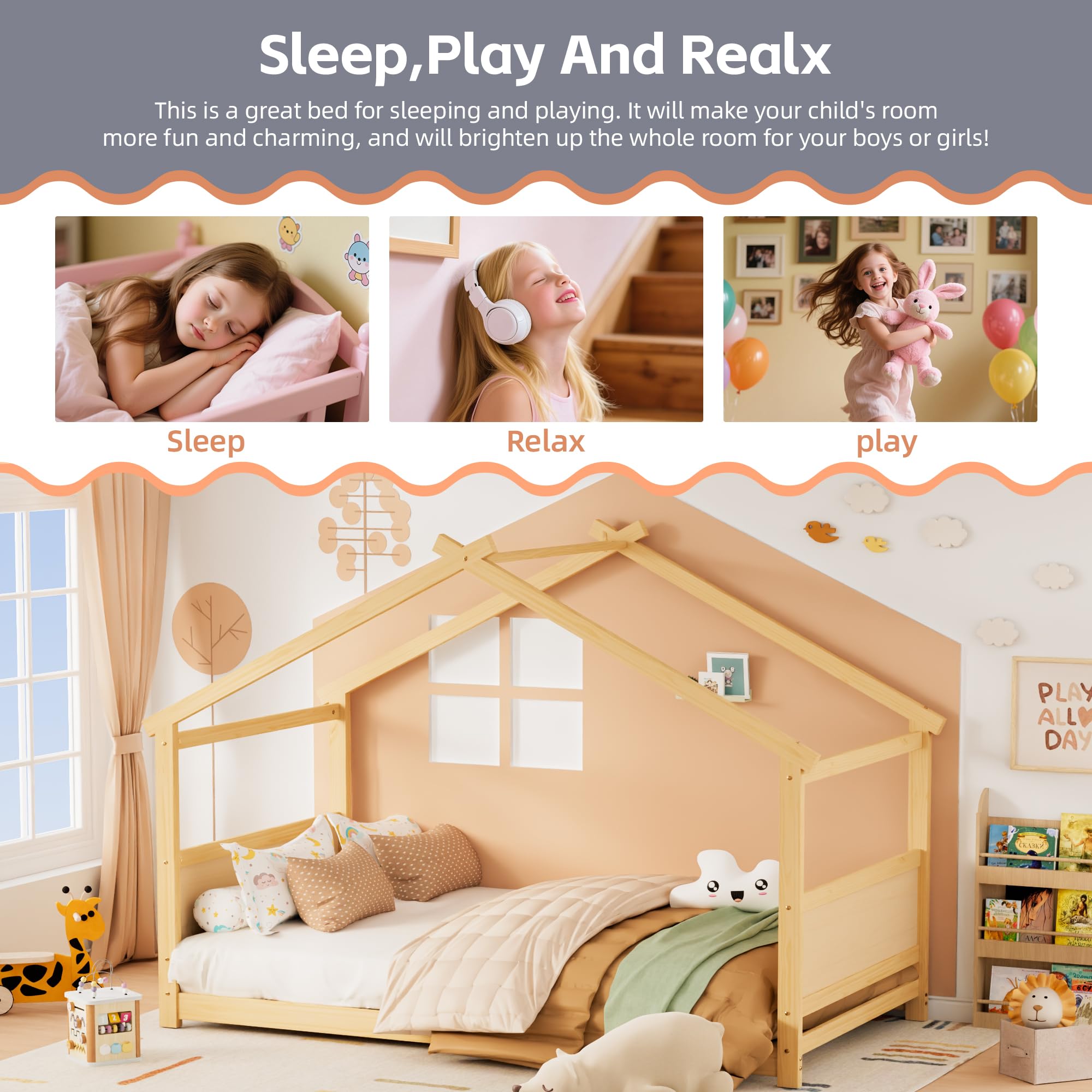 Twin Floor House Bed Frame with Headboard and Footboard