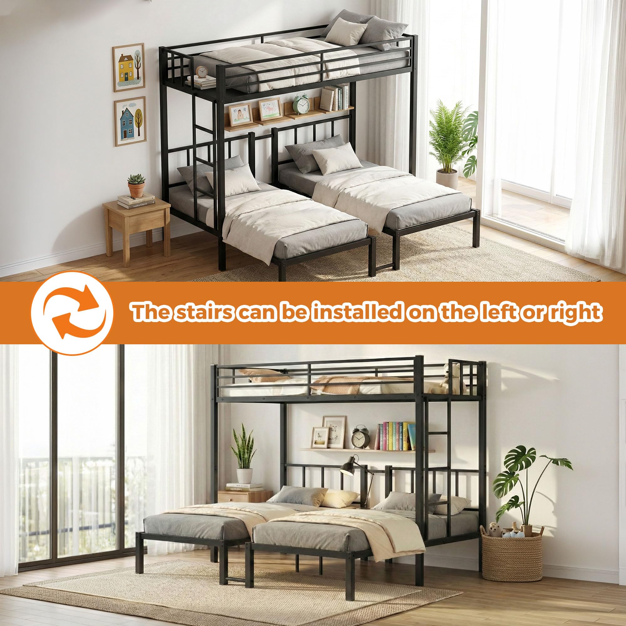 Triple Bunk Bed Metal Frame with Guardrails and Ladder