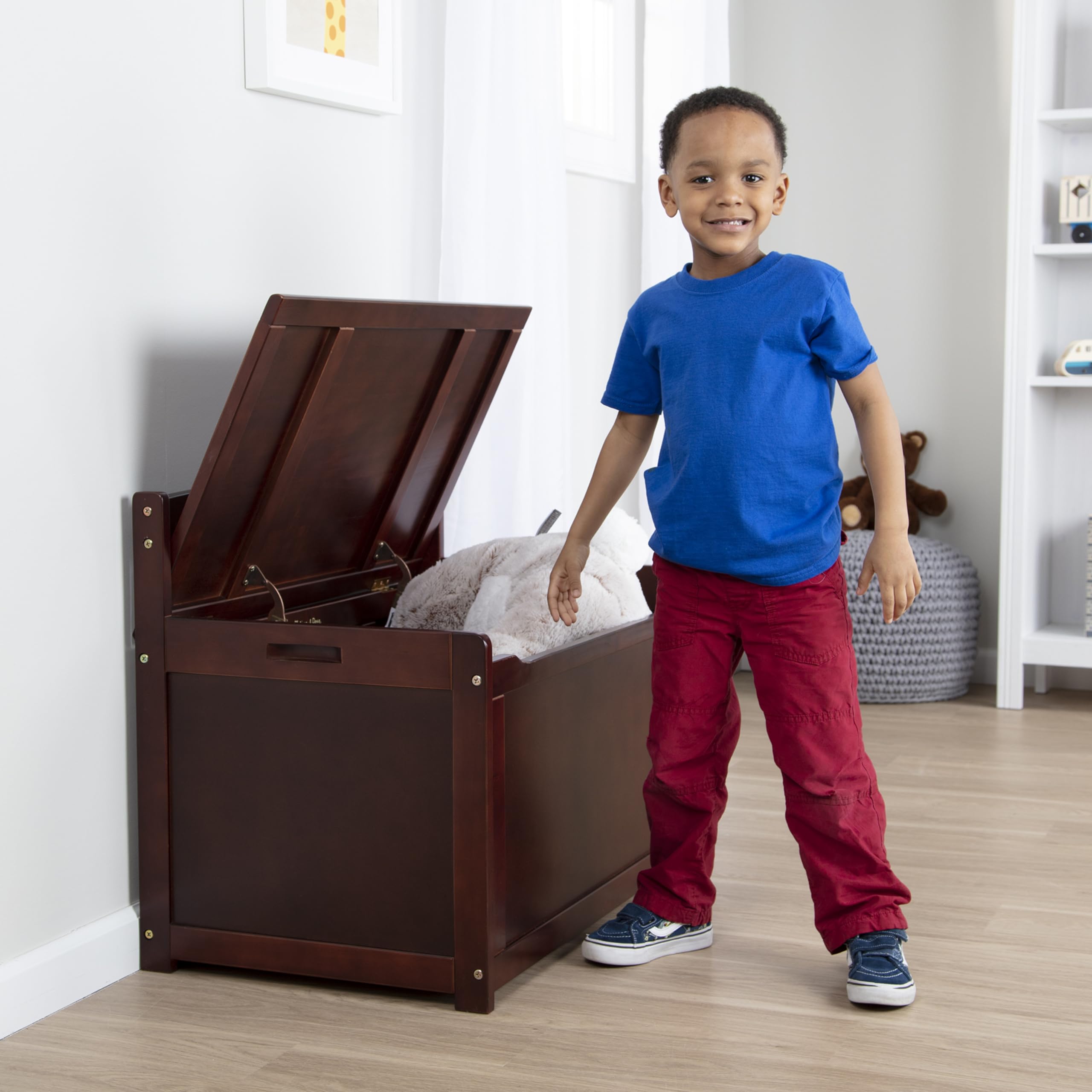 Wooden Toy Chest with Safety Hinged Lid - Espresso