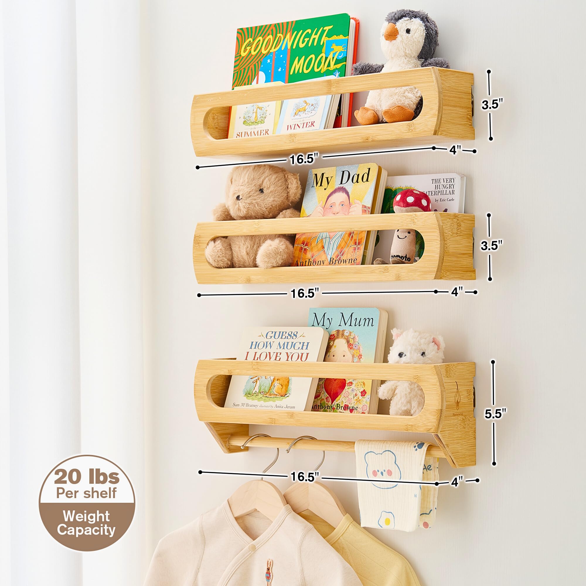 Premium Bamboo Nursery Floating Shelves Set of 3 with Hanging Rod