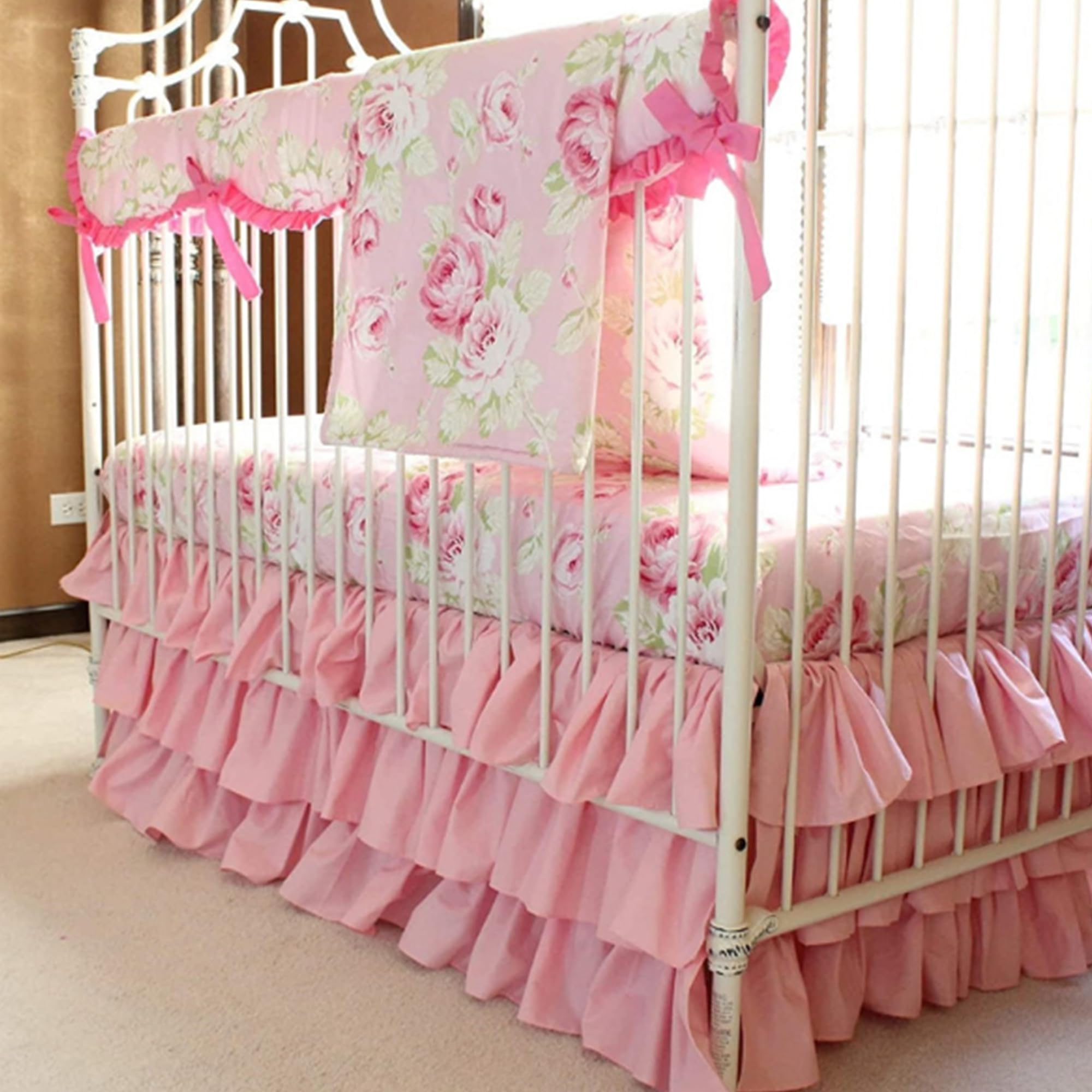 Ruffled Crib Bed Skirt: 3 Tiered Ruffled Crib Skirt Baby Girl Nursery Toddler Bedding Dust Ruffle, 17.7" Deep Drop- Fits Standard Cribs,28"x 52" (Pink)
