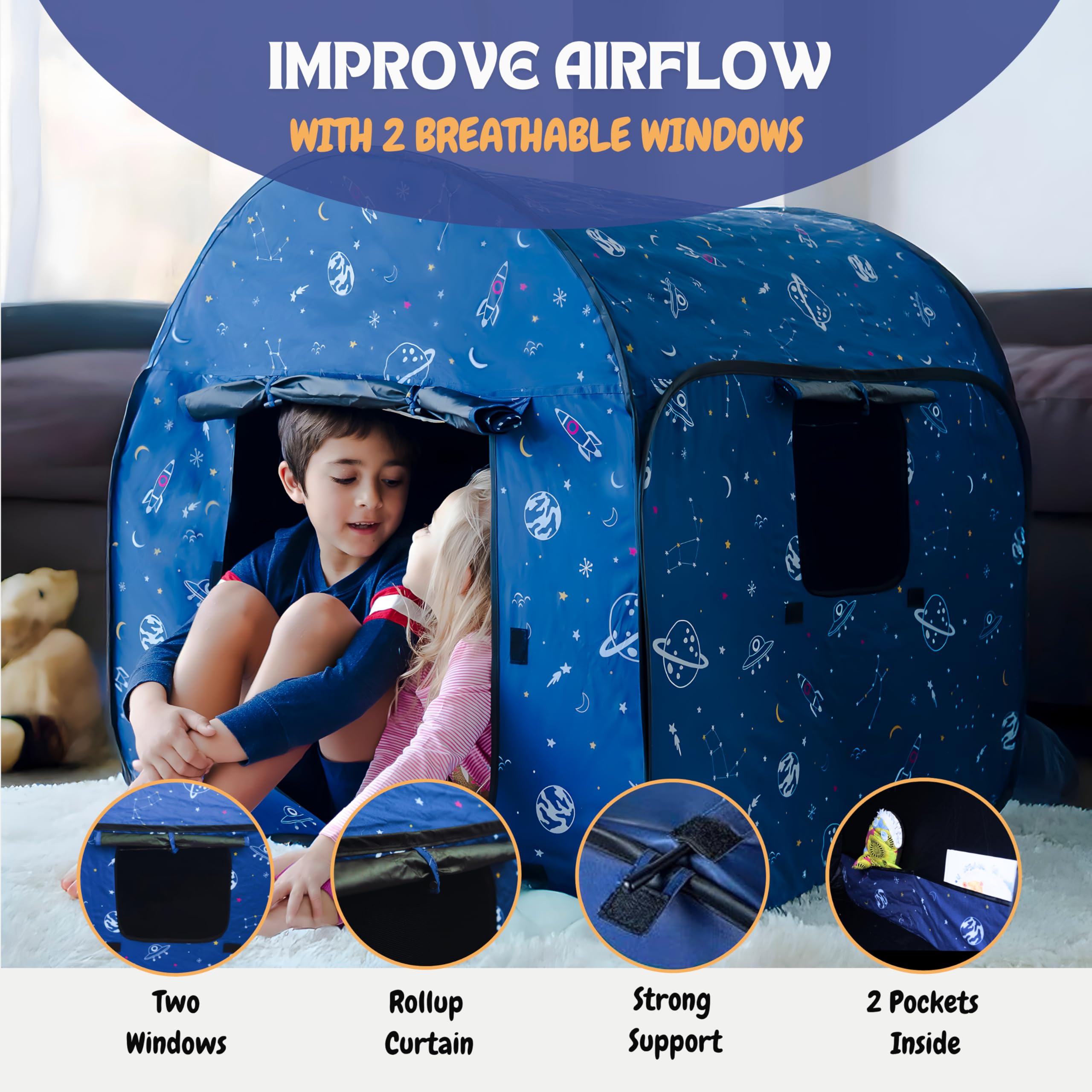 Sensory Tent for Kids with LED Lights & Remote – Blackout Pop-Up Calm Down for Autism, ADHD & SPD – Indoor Sensory Room & Play Tent – Foldable & Portable – L’Arche (Space Theme, Regular 35.4 in)