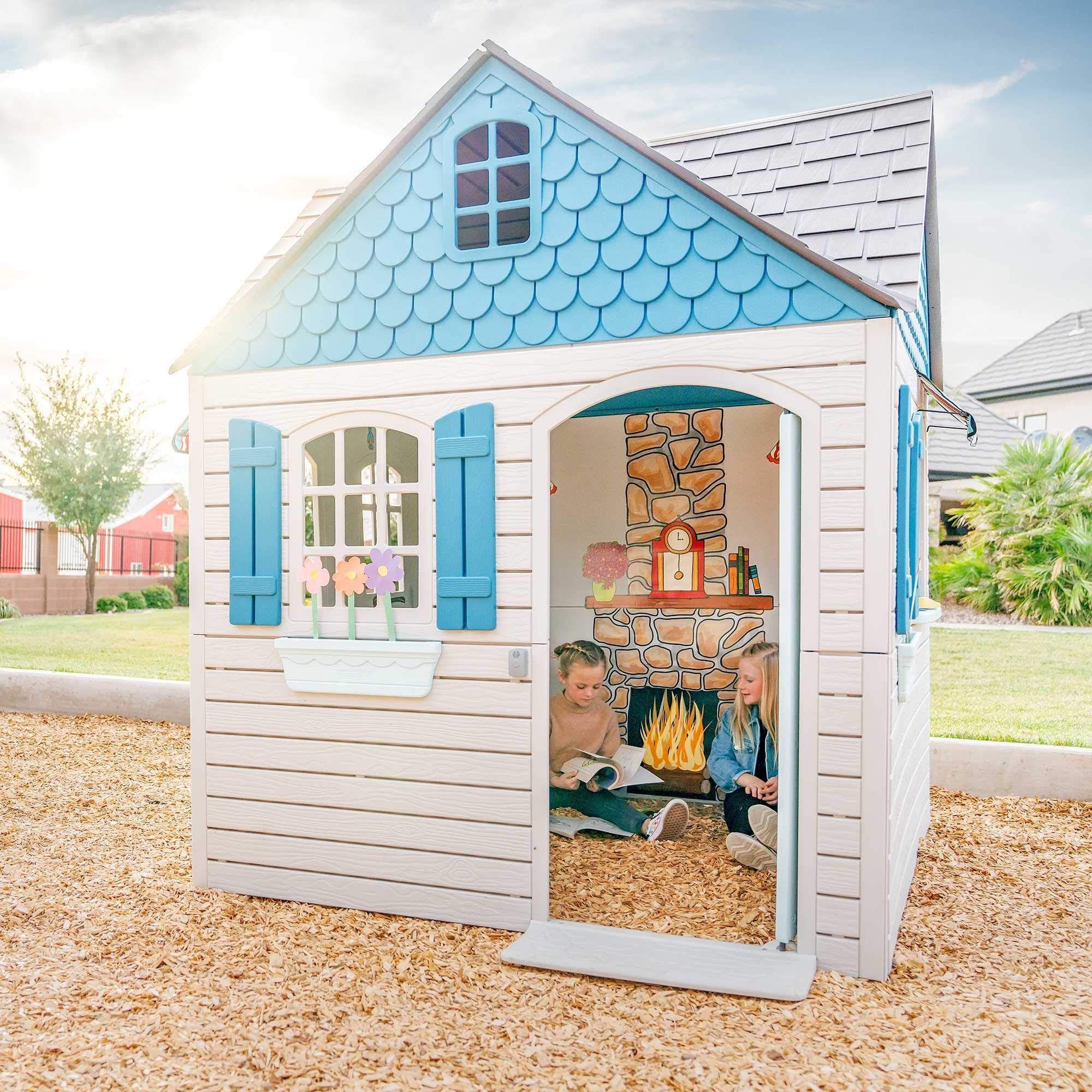 Heavy Duty Plastic Outdoor Playhouse, 6ft x 6ft x 7 ft Tall, Beige & Blue