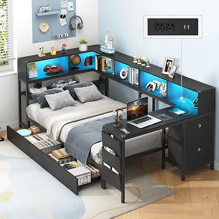 Twin Corner Bed with Desk and Storage Bookcase