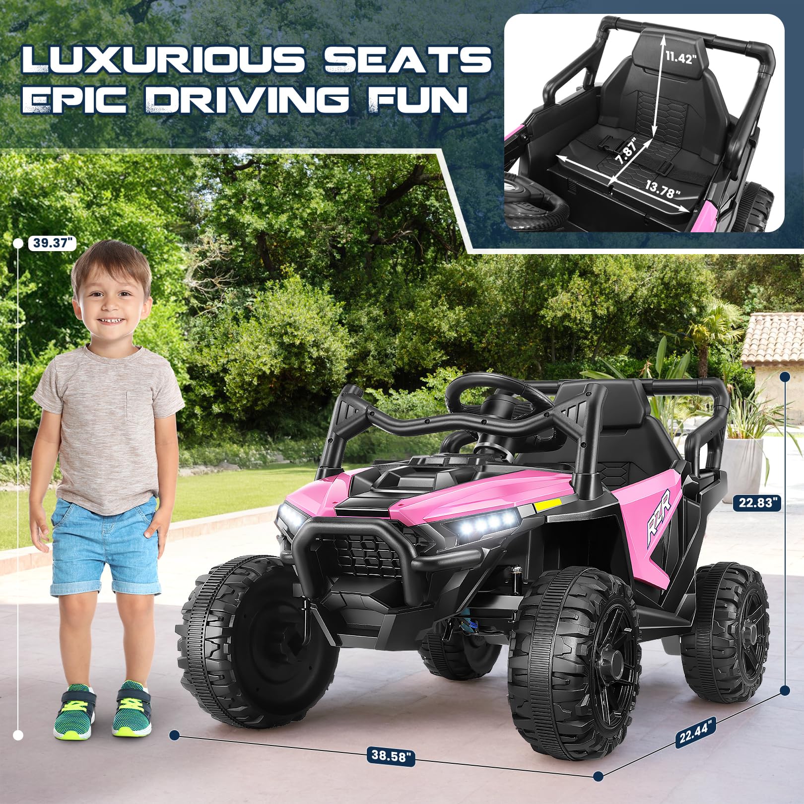 Hikole 24V Ride On Toys for Big Kids UTV, 24 Volt Car Power Wheels Parent Remote for Boy Girls, 2WD/200W*2 Gift, Spacious Seats, 3 Speeds, Soft Start Shock, Bluetooth, Led Lights, Safety Belt, Pink