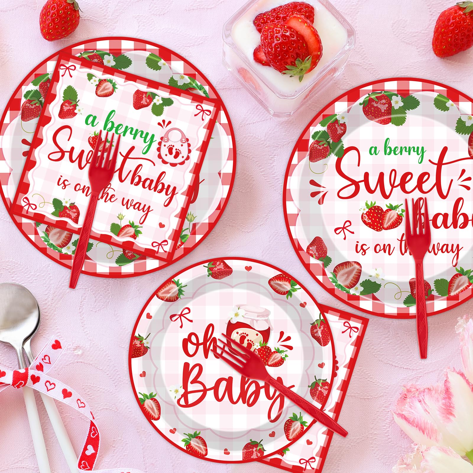 VorkiVecKi Strawberry Baby Shower Decorations - 96 Pcs Pink A Berry Sweet Baby Is on The Way Plates Napkins Supplies for Girls Gender Reveal Party Disposable Shortcake Tableware Sets Serves 24 Guests