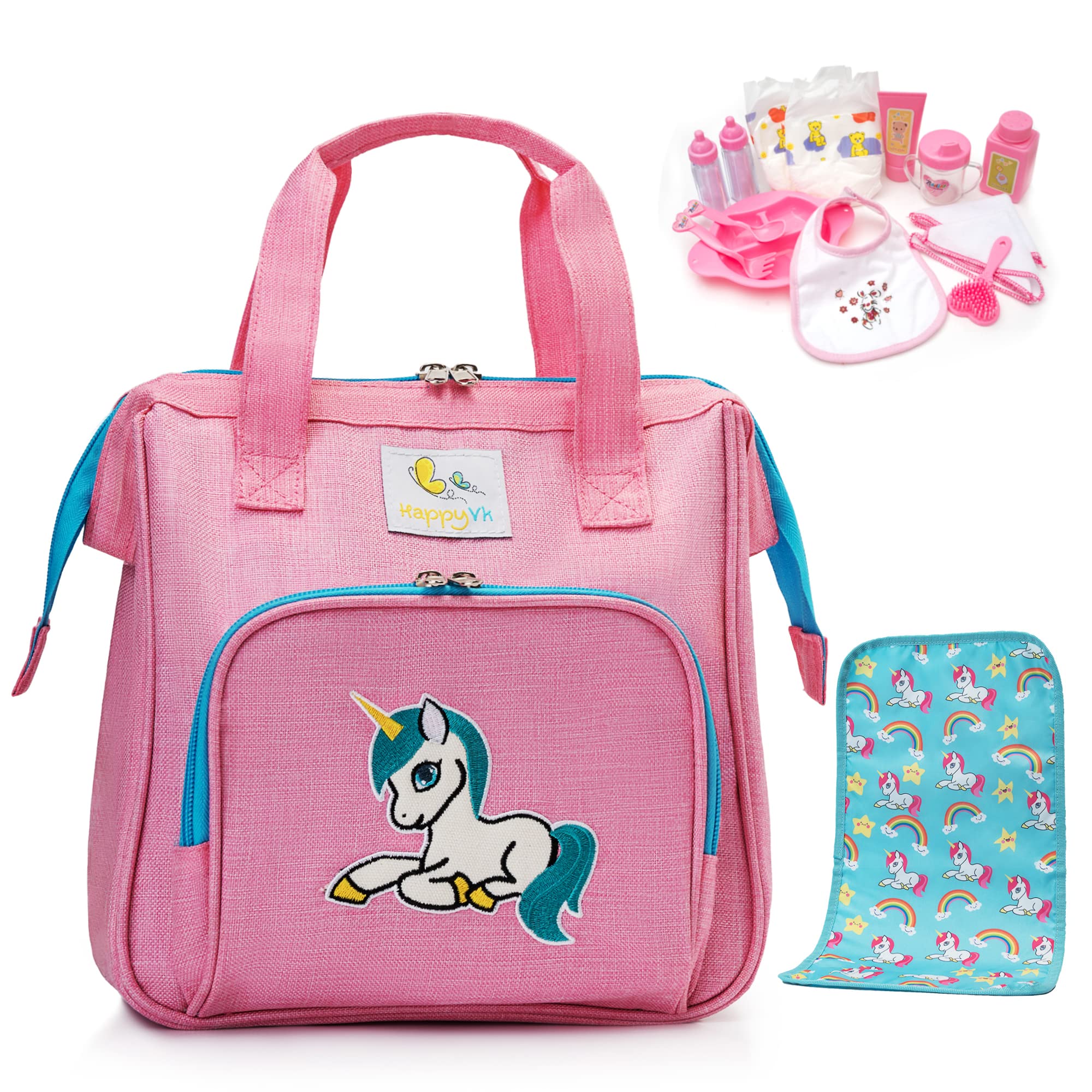 Baby Doll Diaper Bag Unicorn Embroidery 14-Piece Pretend Play