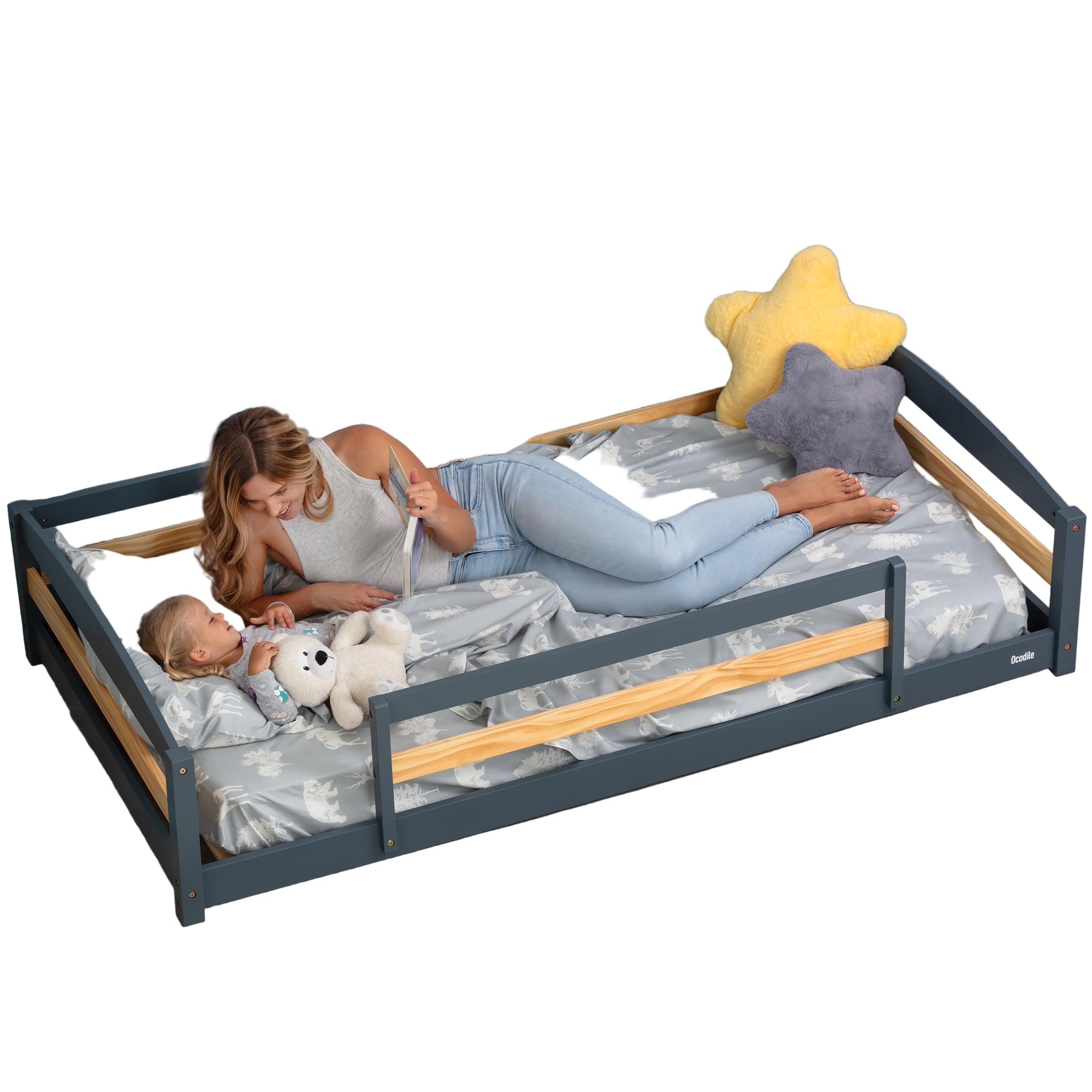Twin Floor Bed with Safety Guardrails for Kids