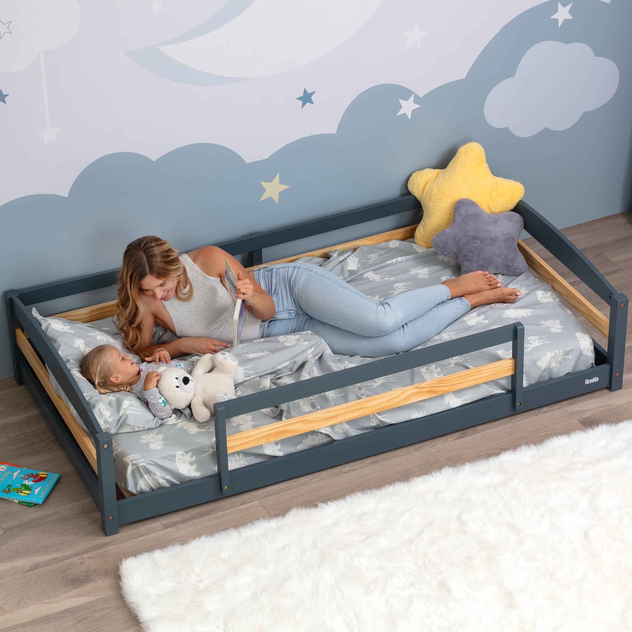 Twin Floor Bed with Safety Guardrails for Kids