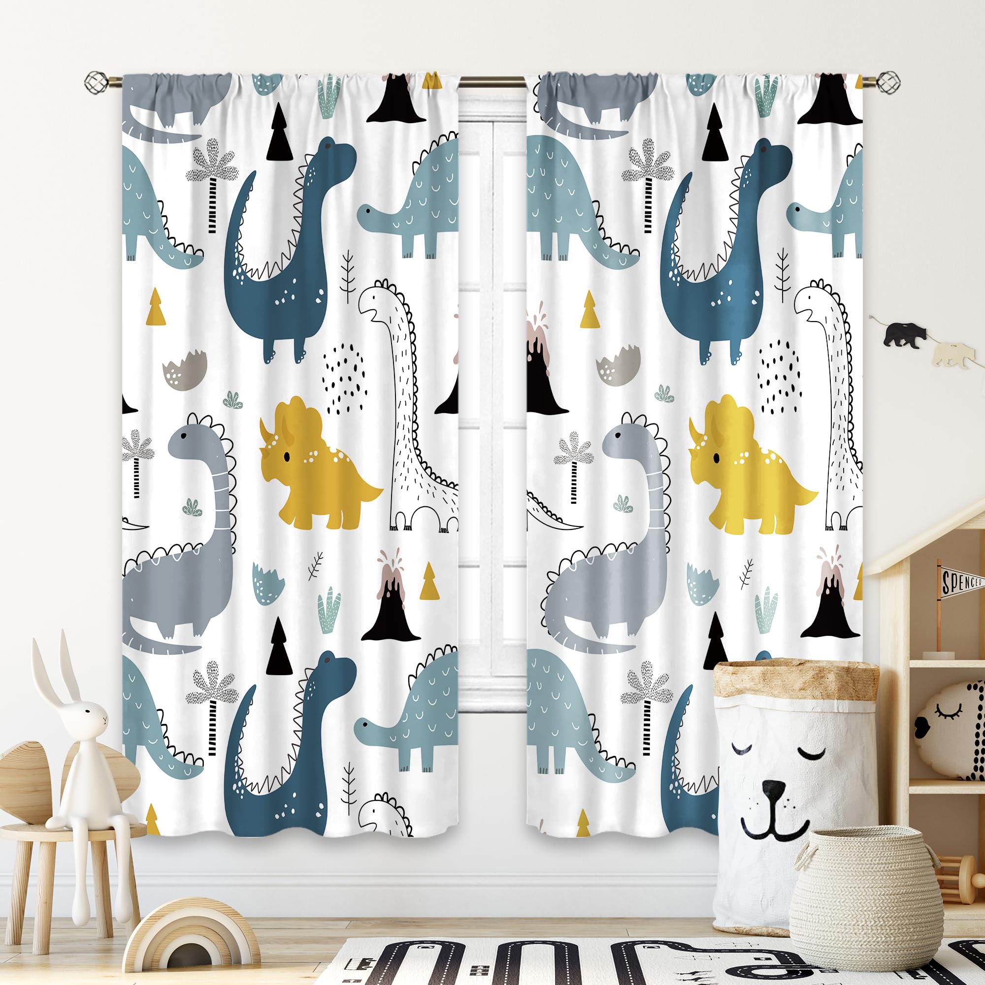 Kids Dinosaur Curtains 42Wx63L Inch Rod Pocket Cartoon Dino Baby