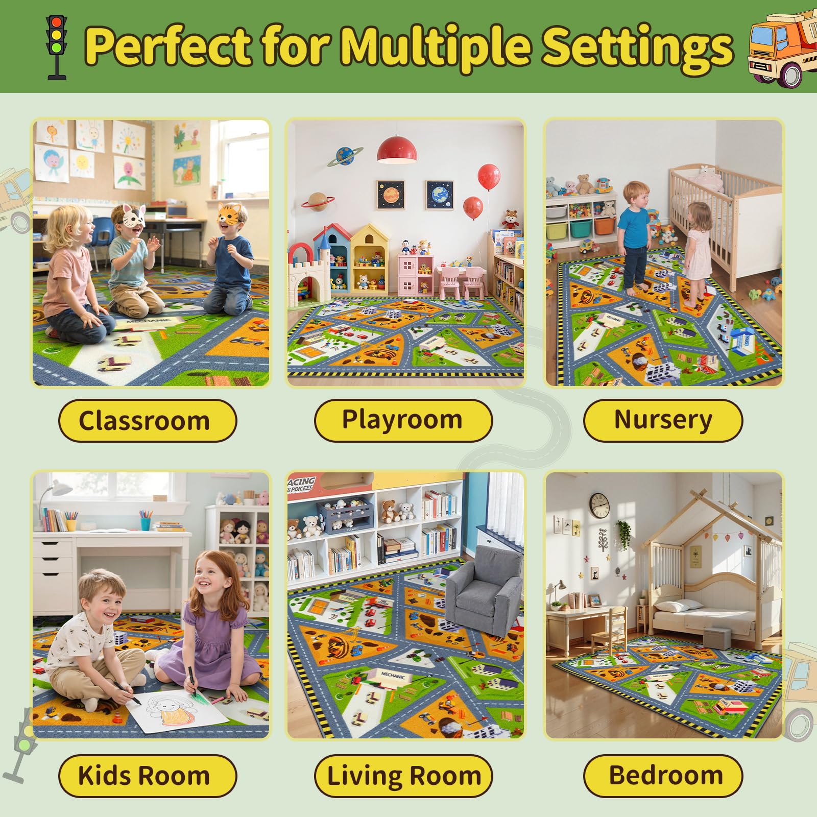 Kids Rug for Playroom, 5.3x6.6 Car Rugs for Kids Toy Cars, Non-Slip City Road Map Rug