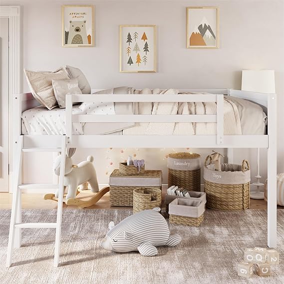 Low Loft Bed: Wooden loftBed with Ladder, Low Loft with Full Guardrail