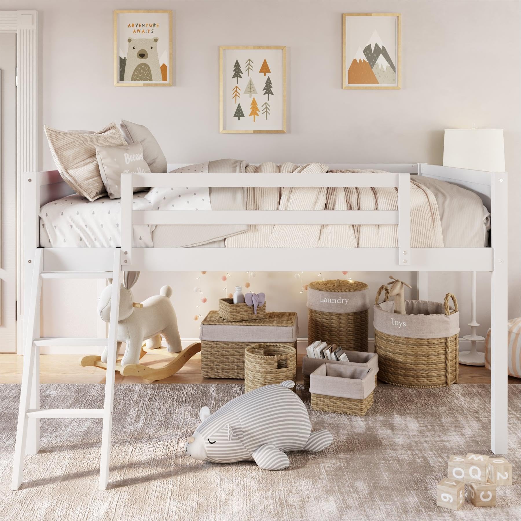 Full Size Low Loft Bed with Ladder and Guardrails