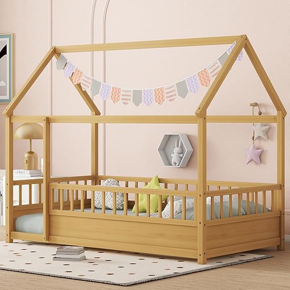 Kids Montessori Twin Size Floor Bed with High Fence, House Bed for Kids, Wooden, Gray