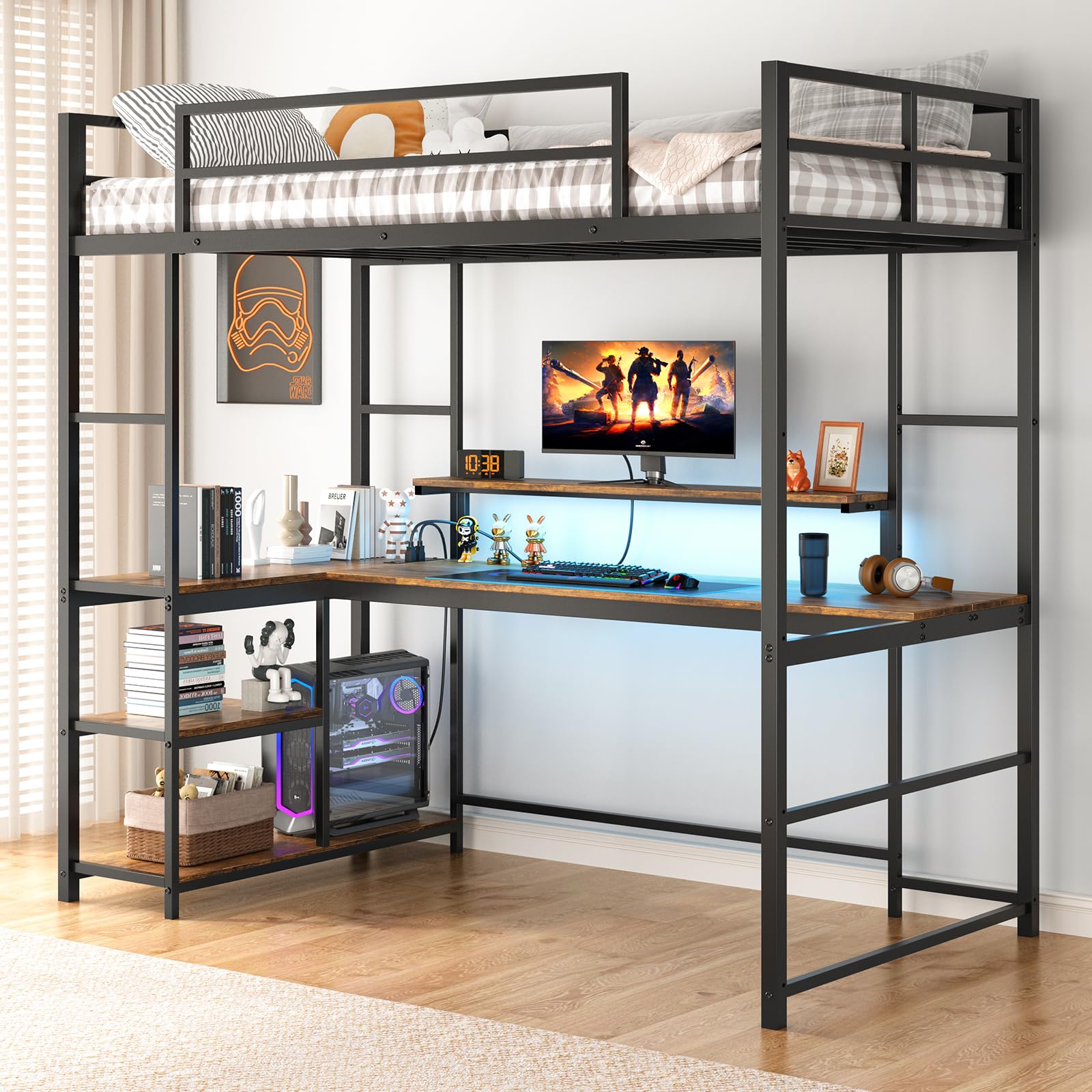 Twin Loft Bed with Large Desk and LED Lights, Space-Saving Bed for Teens