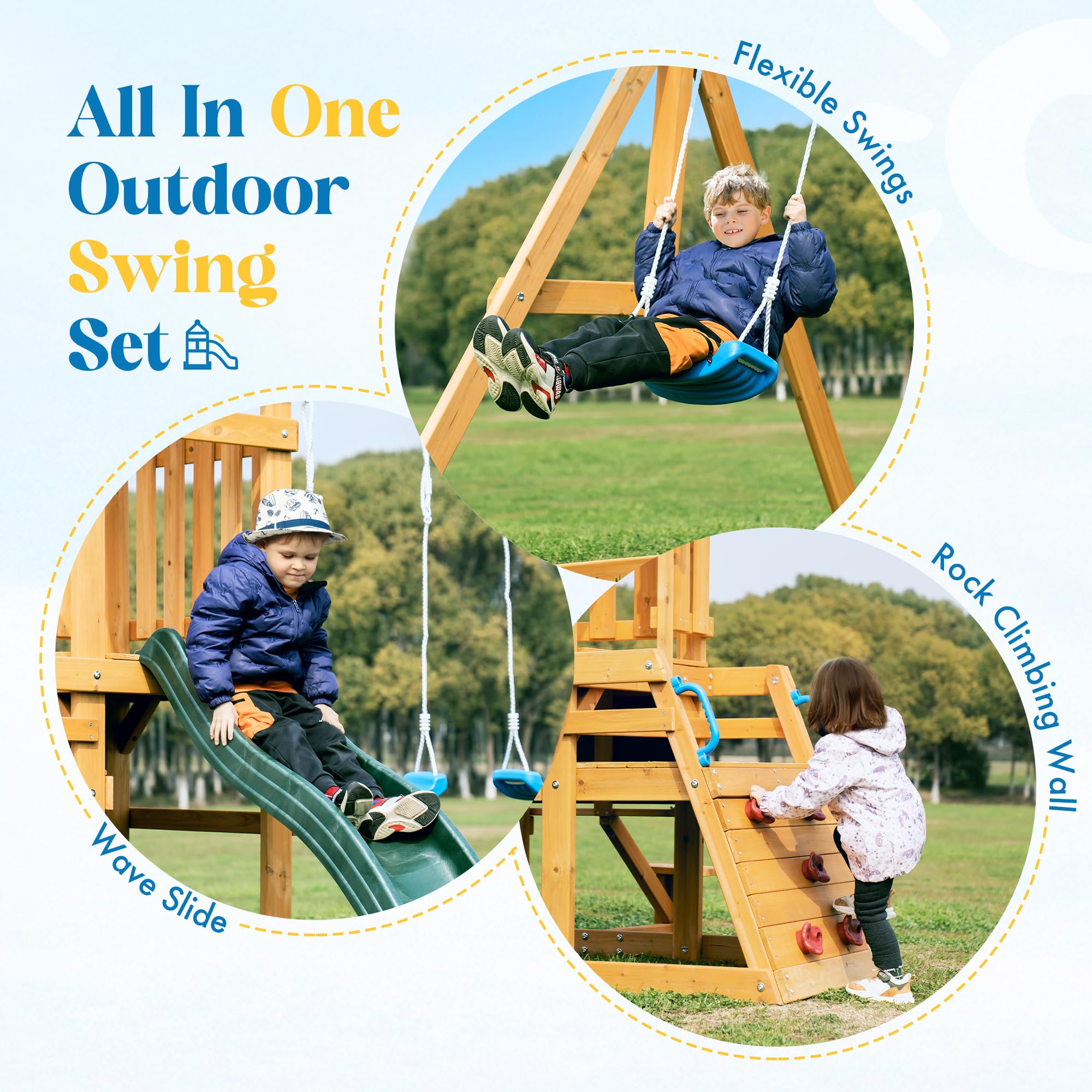 Wooden Swing Set with Slide and Climbing Ladder