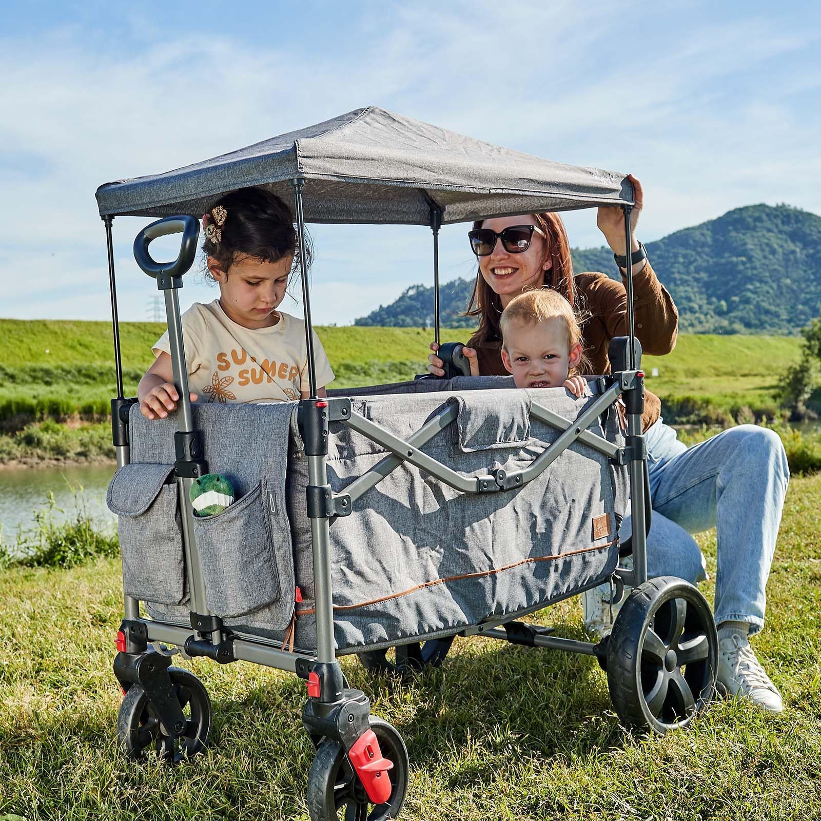 Foldable Wagon Stroller for 2 Kids, Push Pull Collapsible Kids Wagon