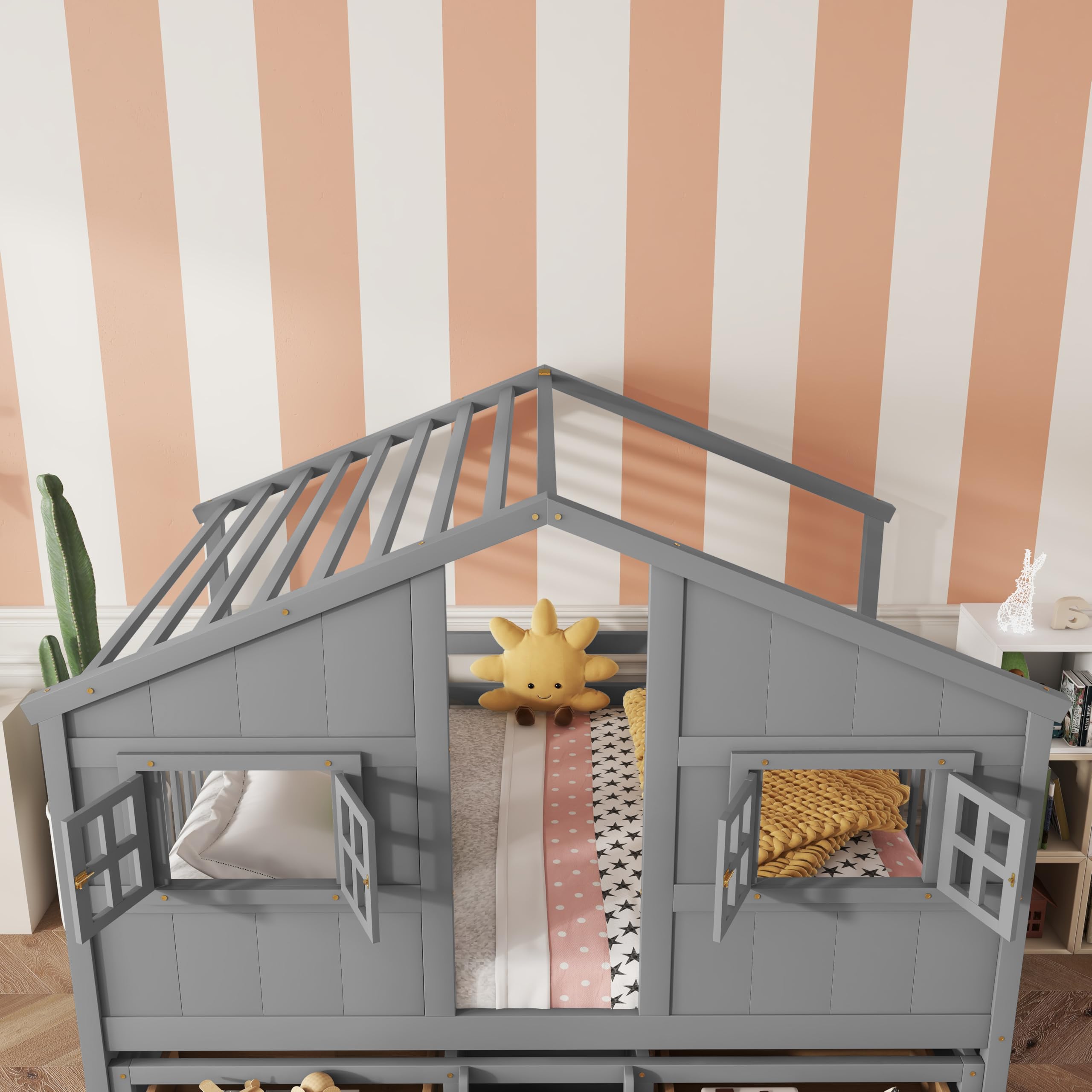 Full Size House-Shaped Loft Bed with Storage Drawers and Roof