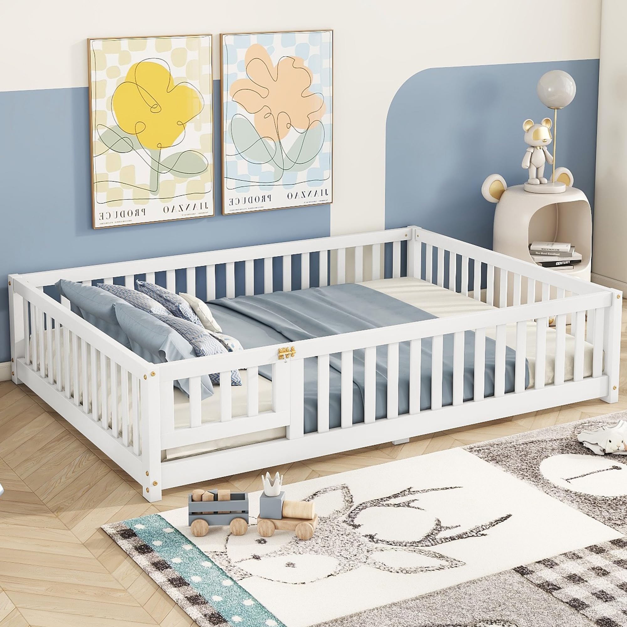 Full Size Montessori Floor Bed with Fence and Door