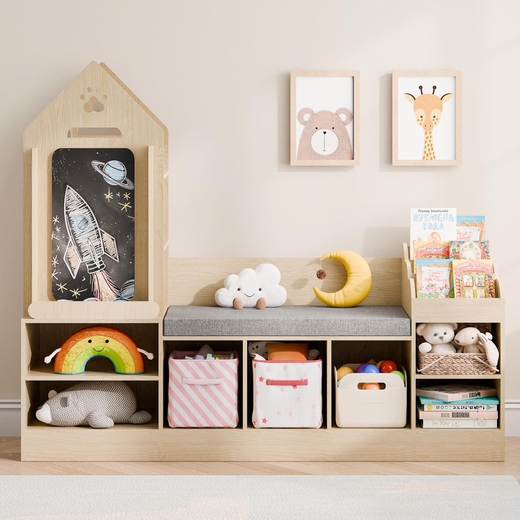Kids Bookshelf with Reading Nook, Wooden Toy Storage Organizer