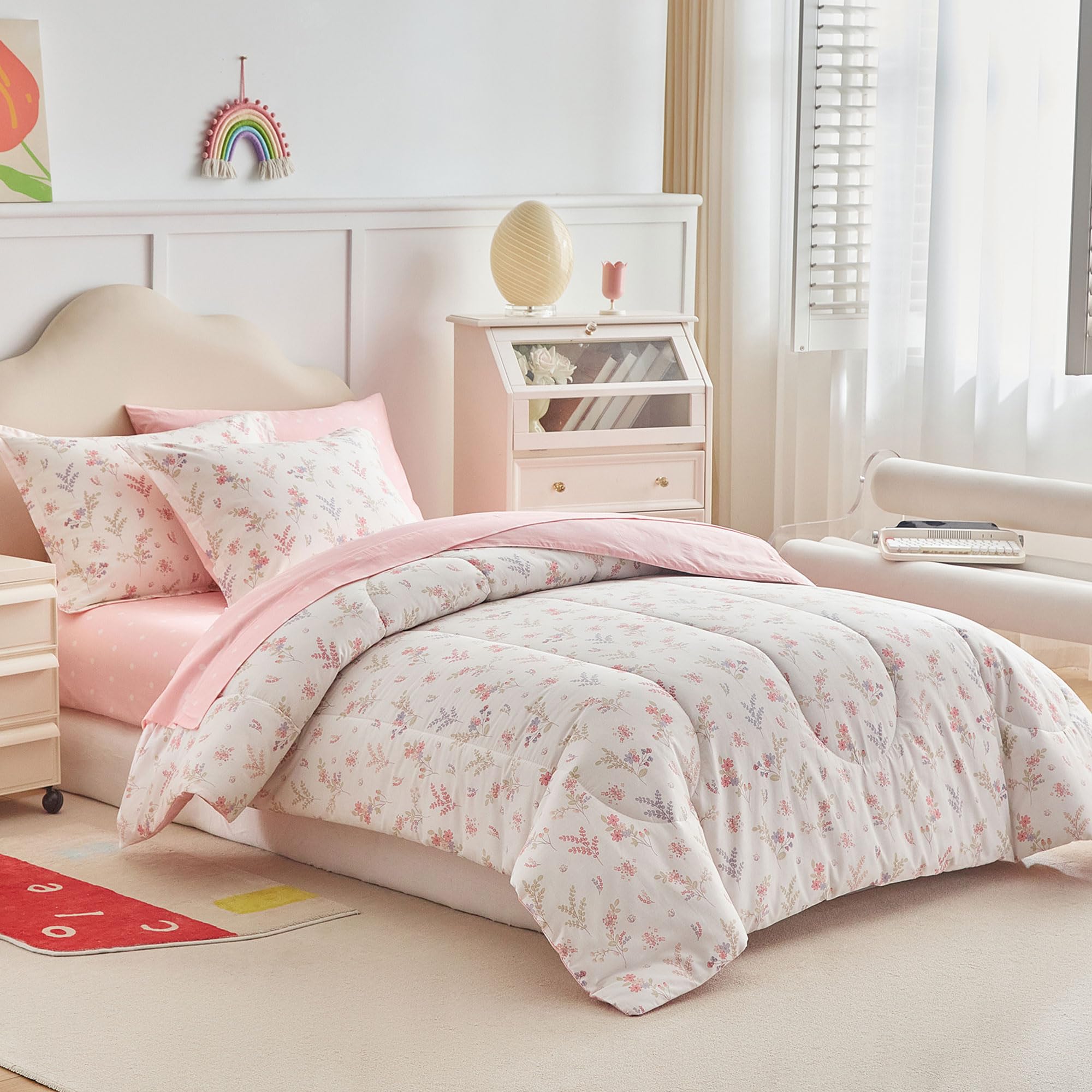 6pcs Cotton Comforter Sheet Set for Girls, Twin Size Bed in a Bag