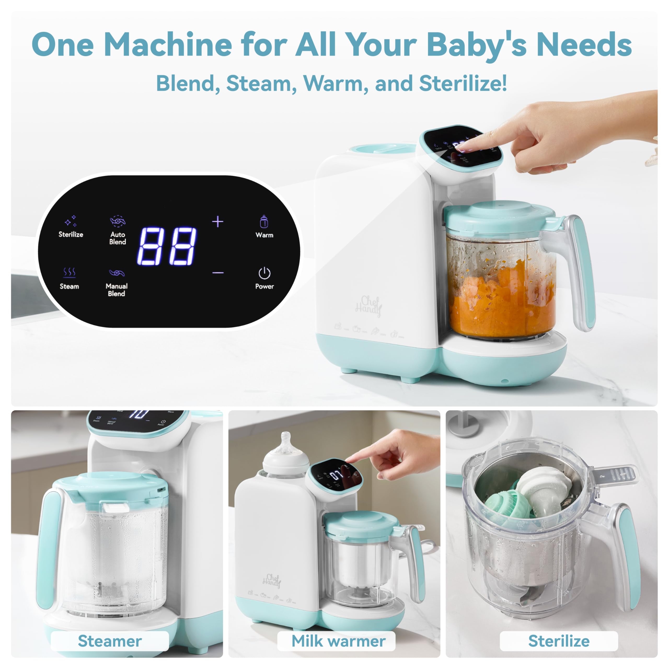 Chefhandy 5-in-1 Baby Food Maker with Steam Basket & Touch Screen | Baby Food Processor and Steamer | Auto Steam, Blend, Milk Warmer | Baby Steamer & Blender for Healthy Homemade(White Blue)