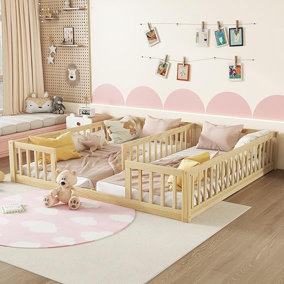 Floor Bed for 2 Kids, Montessori Bed Frame with Fence Railings