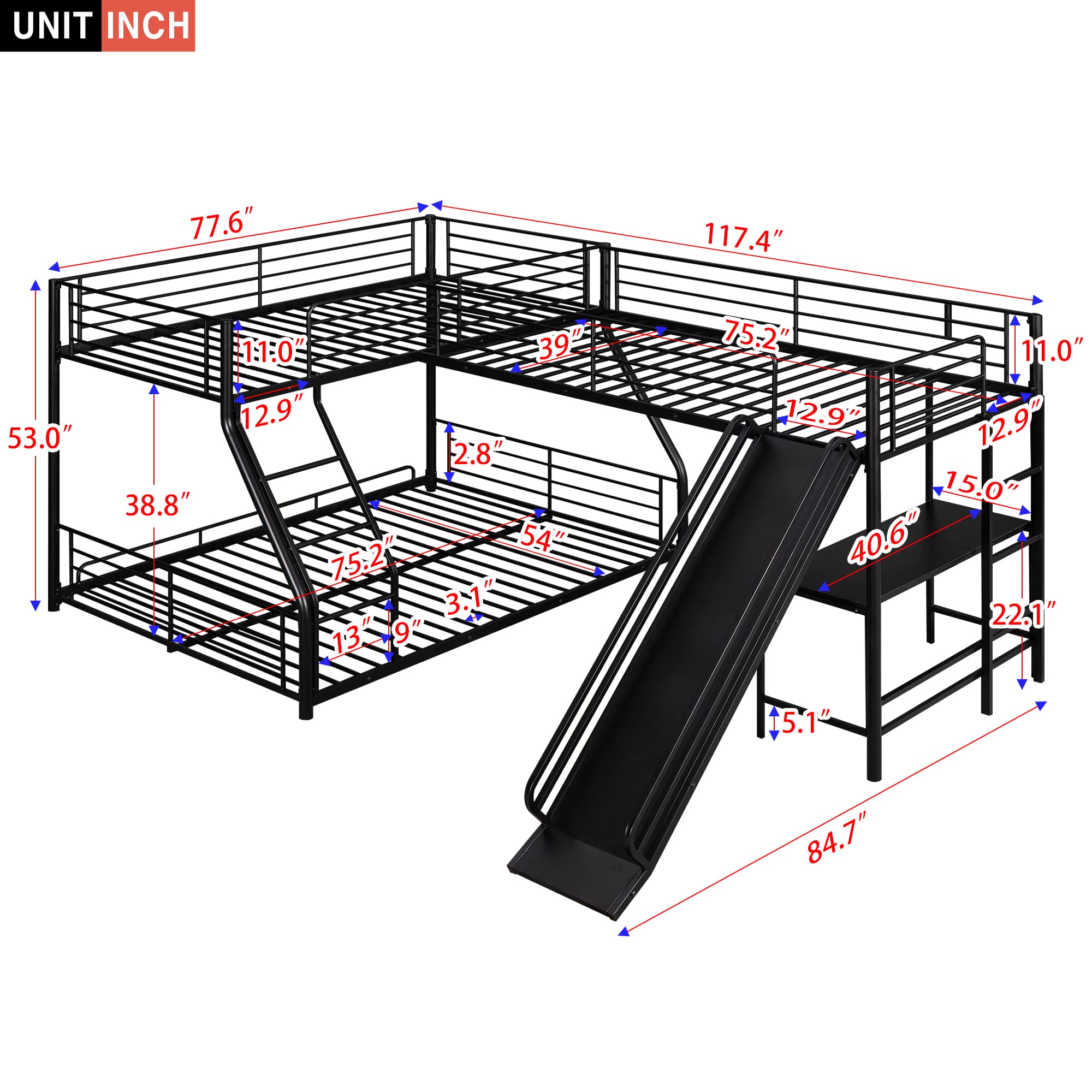 L-Shaped Triple Bunk Bed with Desk and Slide - Twin Over Full with Twin Loft