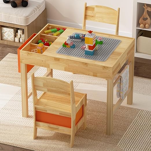 Solid Wood Kids Table and Chair Set, Toddler Activity Table with 2 Chairs