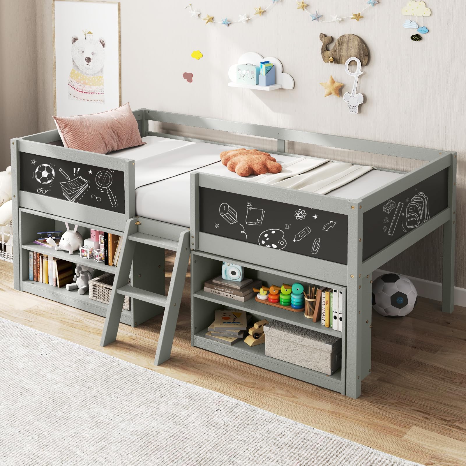 Low Loft Bed Twin Size, Wooden Loft Bed with Ladder & Blackboard