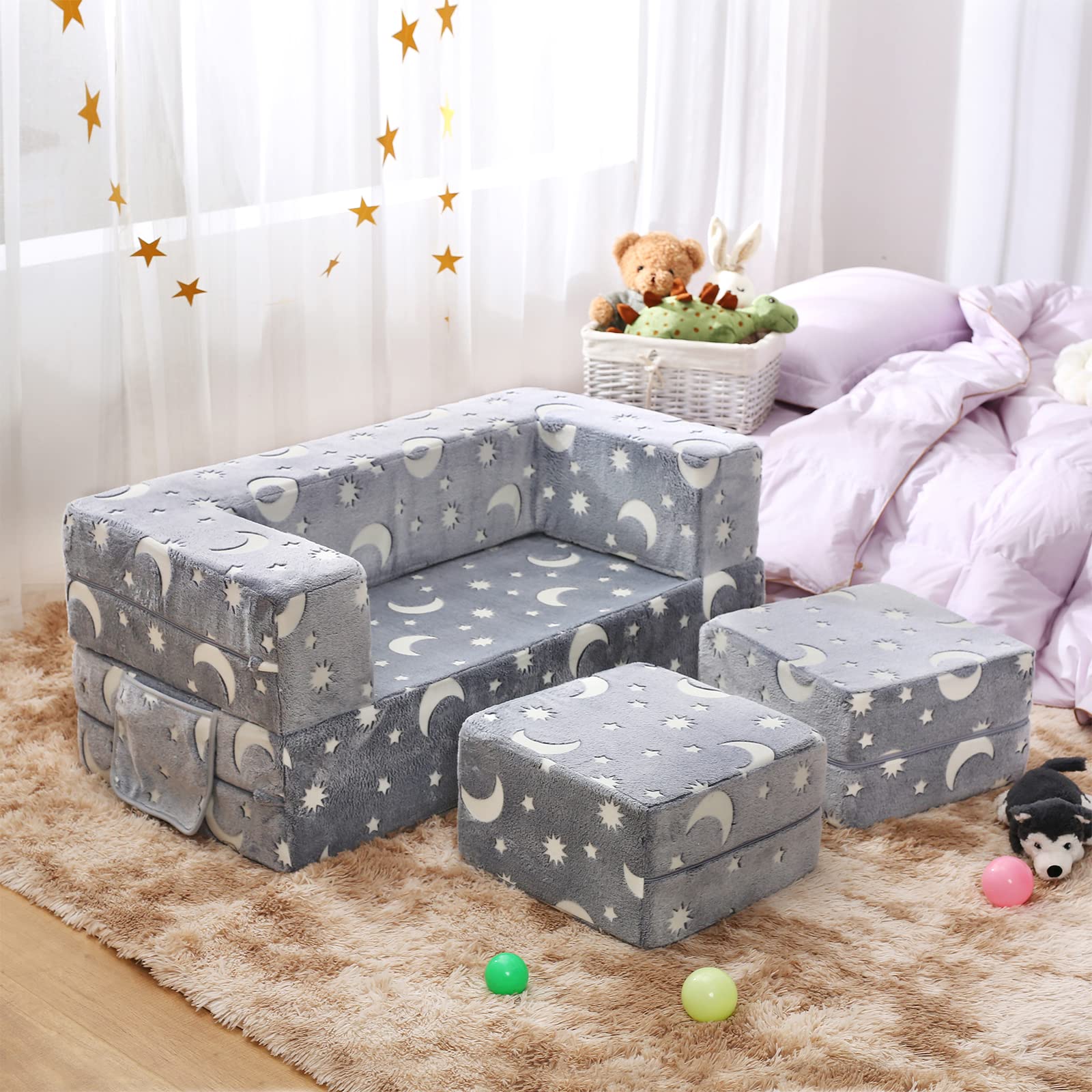 Glow in the Dark Modular Kids Sofa - 3-in-1 Convertible Toddler Couch